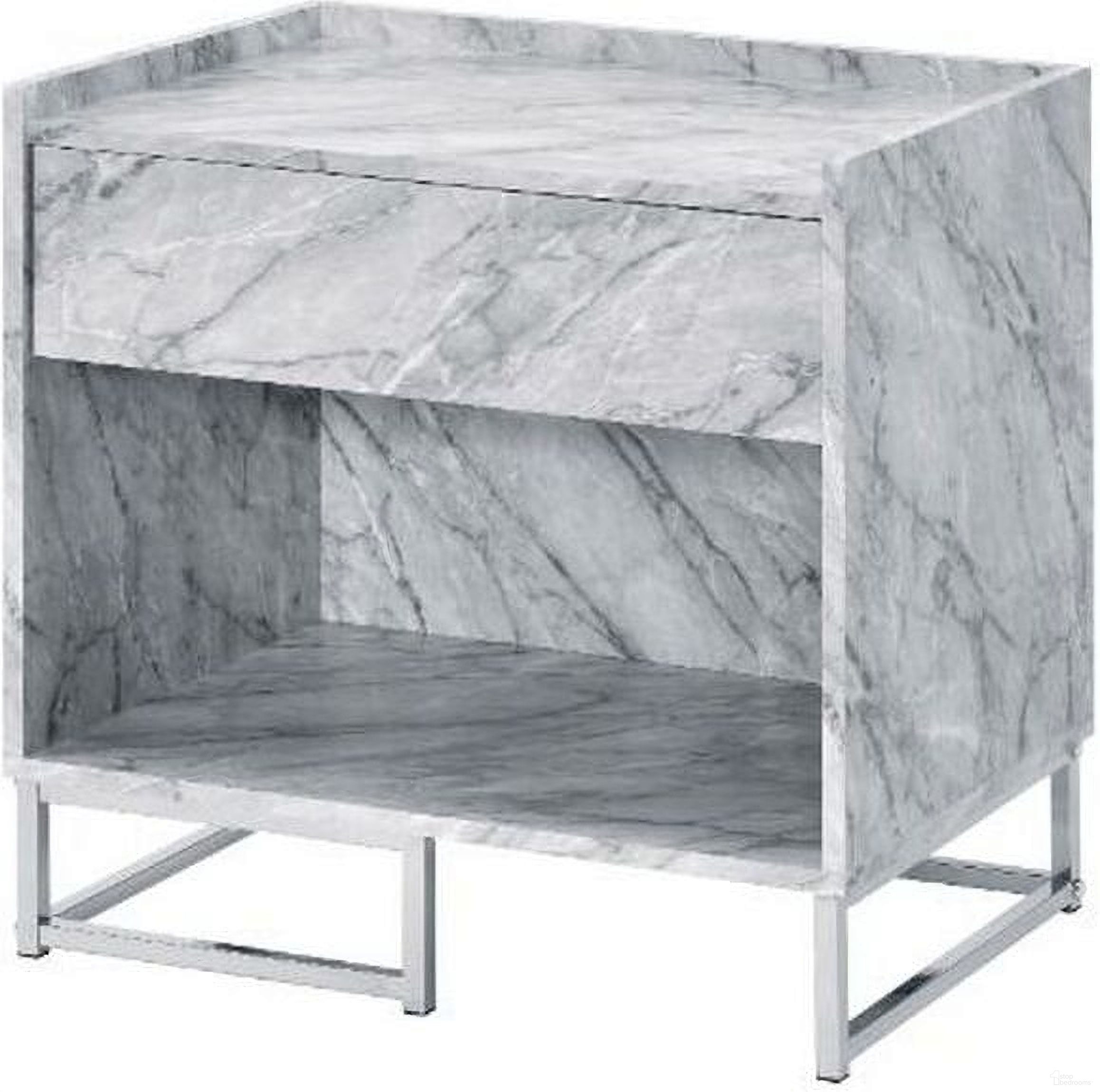 The appearance of Acme Azrael Accent Table In White Printed Faux Marble And Chrome Finish designed by ACME in the modern / contemporary interior design. This white piece of furniture  was selected by 1StopBedrooms from Azrael Collection to add a touch of cosiness and style into your home. Sku: 97865. Material: Metal.