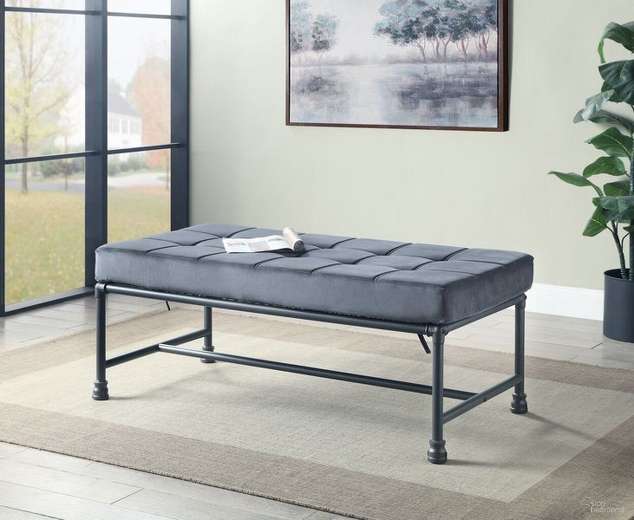 The appearance of Acme Brantley Bench In Gray Velvet And Sandy Gray Finish designed by ACME in the industrial interior design. This grey piece of furniture was selected by 1StopBedrooms from Brantley Collection to add a touch of cosiness and style into your home. Sku: AC00428. Material: Metal.