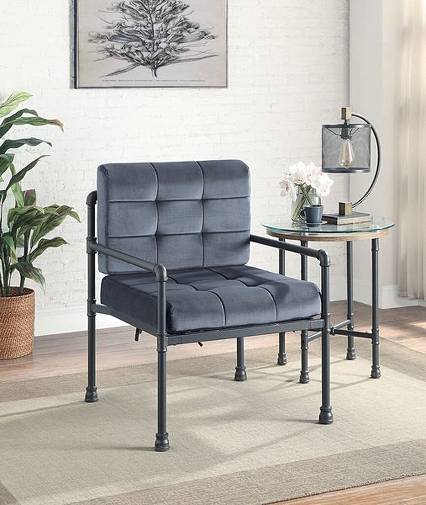 The appearance of Acme Brantley Chair In Gray Velvet And Sandy Gray Finish designed by ACME in the industrial interior design. This grey piece of furniture  was selected by 1StopBedrooms from Brantley Collection to add a touch of cosiness and style into your home. Sku: AC00429. Material: Metal.