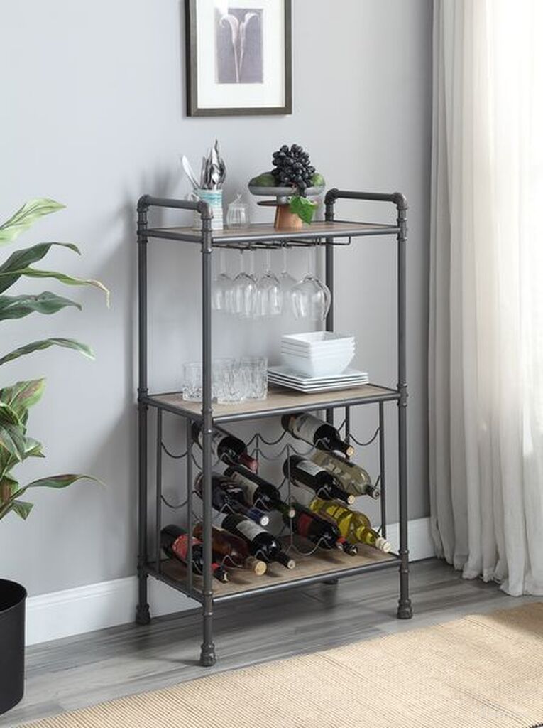 The appearance of Acme Brantley Floor Wine Bottle And Glass Rack In Antique Oak And Sandy Gray Finish designed by ACME in the industrial interior design. This antique oak piece of furniture was selected by 1StopBedrooms from Brantley Collection to add a touch of cosiness and style into your home. Sku: AC00364. Material: Metal.