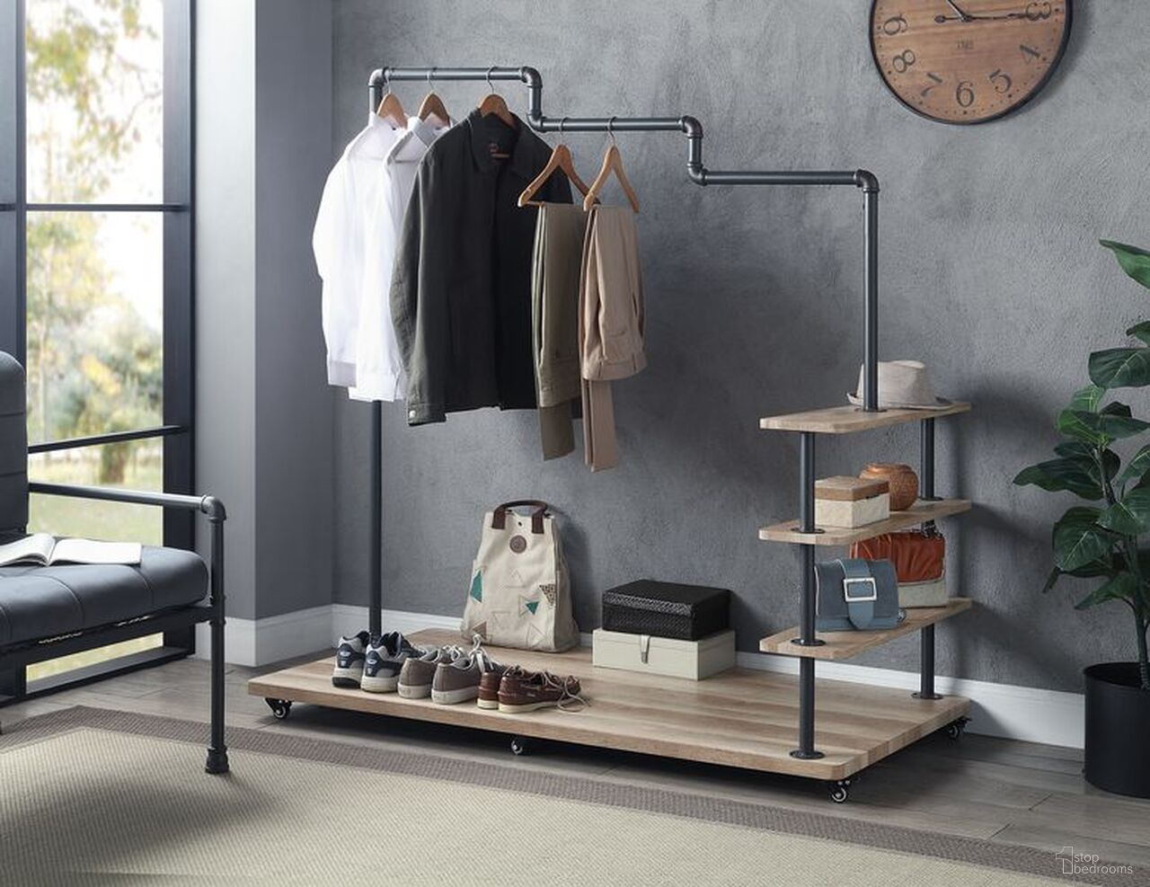 The appearance of Brantley 4 Tier Shelf Hanger Rack In Oak And Sandy Gray Finish designed by ACME in the industrial interior design. This oak piece of furniture  was selected by 1StopBedrooms from Brantley Collection to add a touch of cosiness and style into your home. Sku: AC00431. Material: Metal.