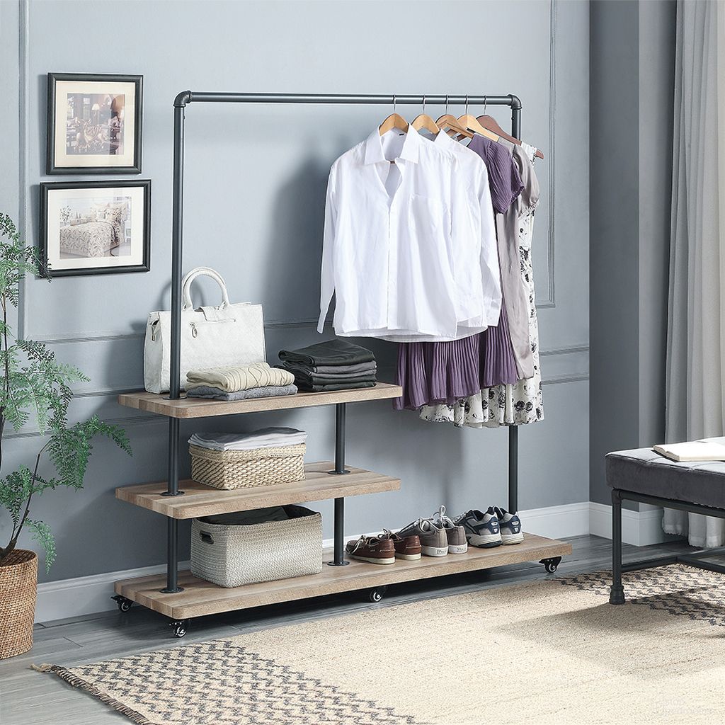 The appearance of Brantley 3 Tier Shelf Hanger Rack In Oak And Sandy Gray Finish designed by ACME in the industrial interior design. This oak piece of furniture  was selected by 1StopBedrooms from Brantley Collection to add a touch of cosiness and style into your home. Sku: AC00434. Material: Metal.