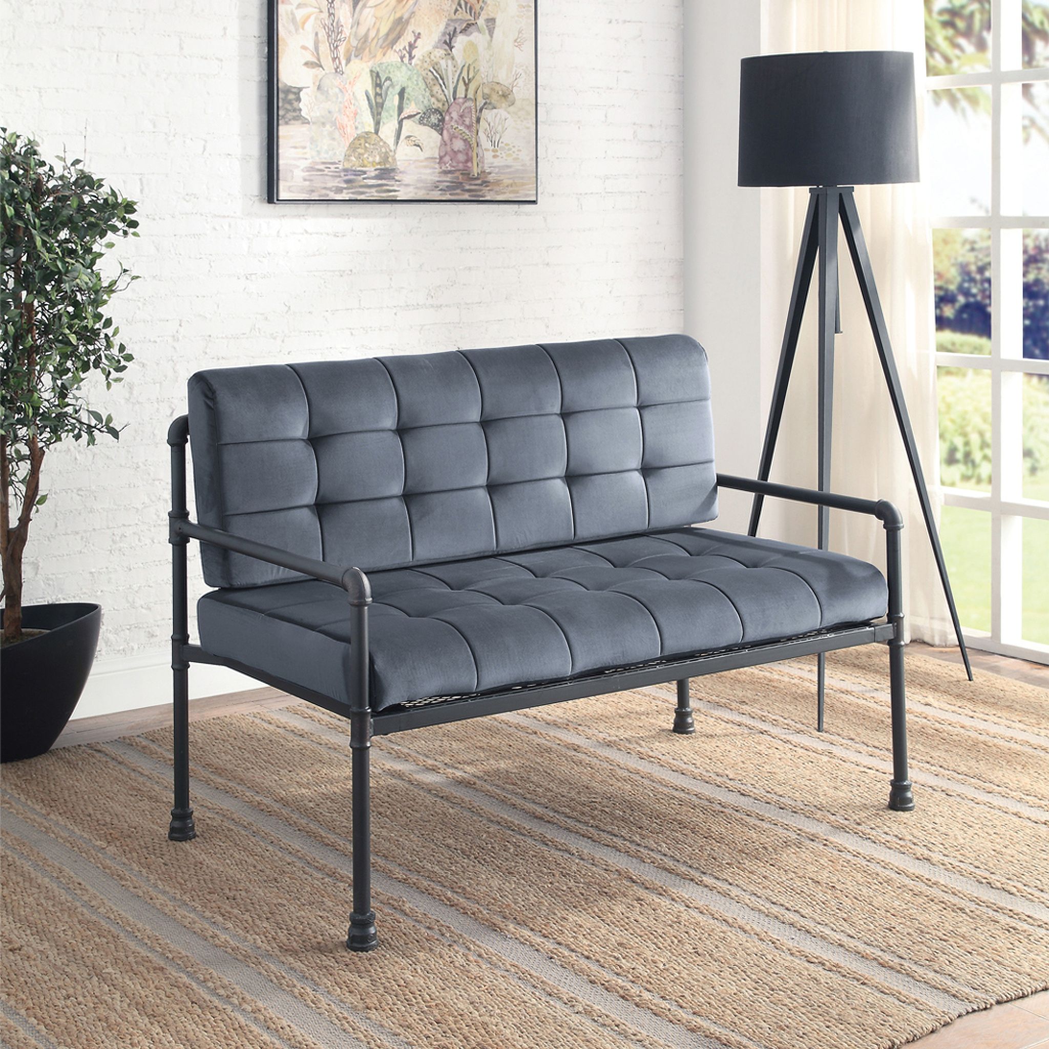 The appearance of Acme Brantley Loveseat designed by ACME in the industrial interior design. This gray velvet piece of furniture was selected by 1StopBedrooms from Brantley Collection to add a touch of cosiness and style into your home. Sku: LV00426. Material: Metal.