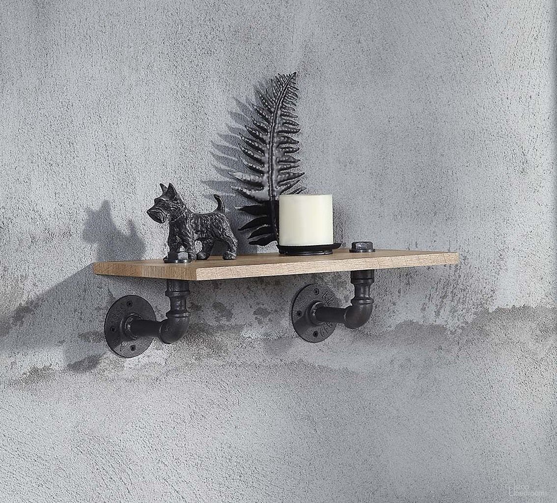 The appearance of Acme Brantley Wall Rack With 1 Shelf In Oak And Sandy Black Finish designed by ACME in the industrial interior design. This oak piece of furniture  was selected by 1StopBedrooms from Brantley Collection to add a touch of cosiness and style into your home. Sku: AC00734. Material: Metal.