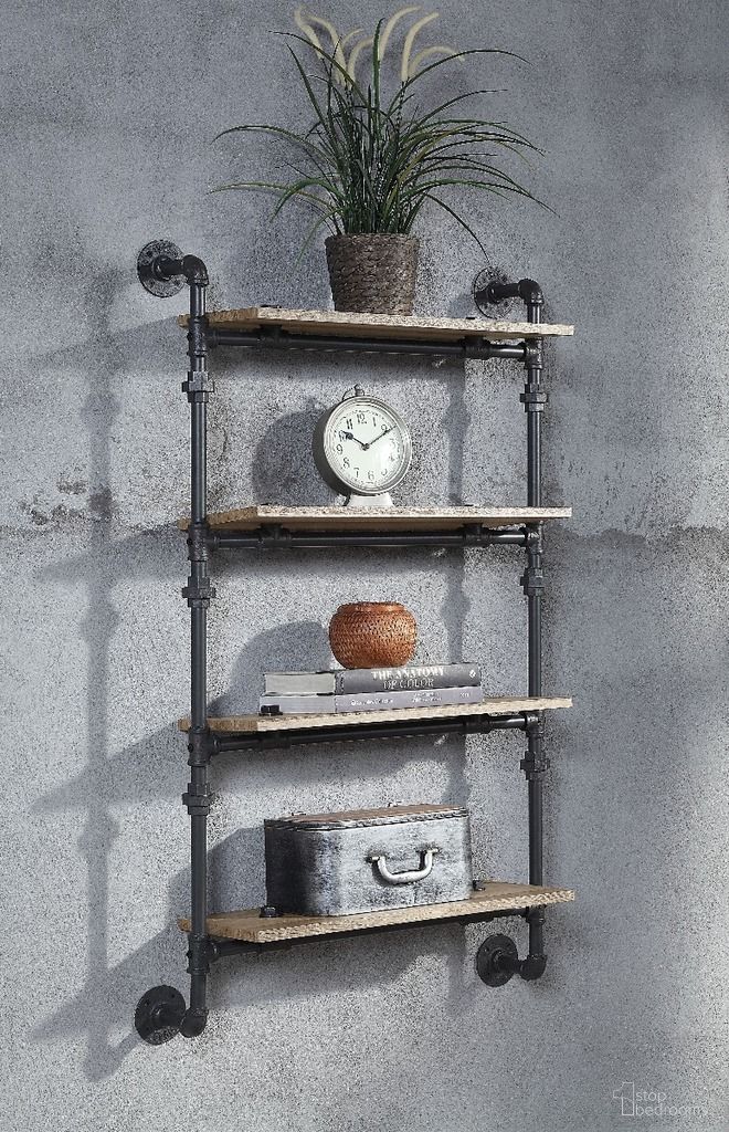 The appearance of Acme Brantley Wall Rack With 4 Shelves In Oak And Sandy Black Finish designed by ACME in the industrial interior design. This oak piece of furniture  was selected by 1StopBedrooms from Brantley Collection to add a touch of cosiness and style into your home. Sku: AC00737. Material: Metal.