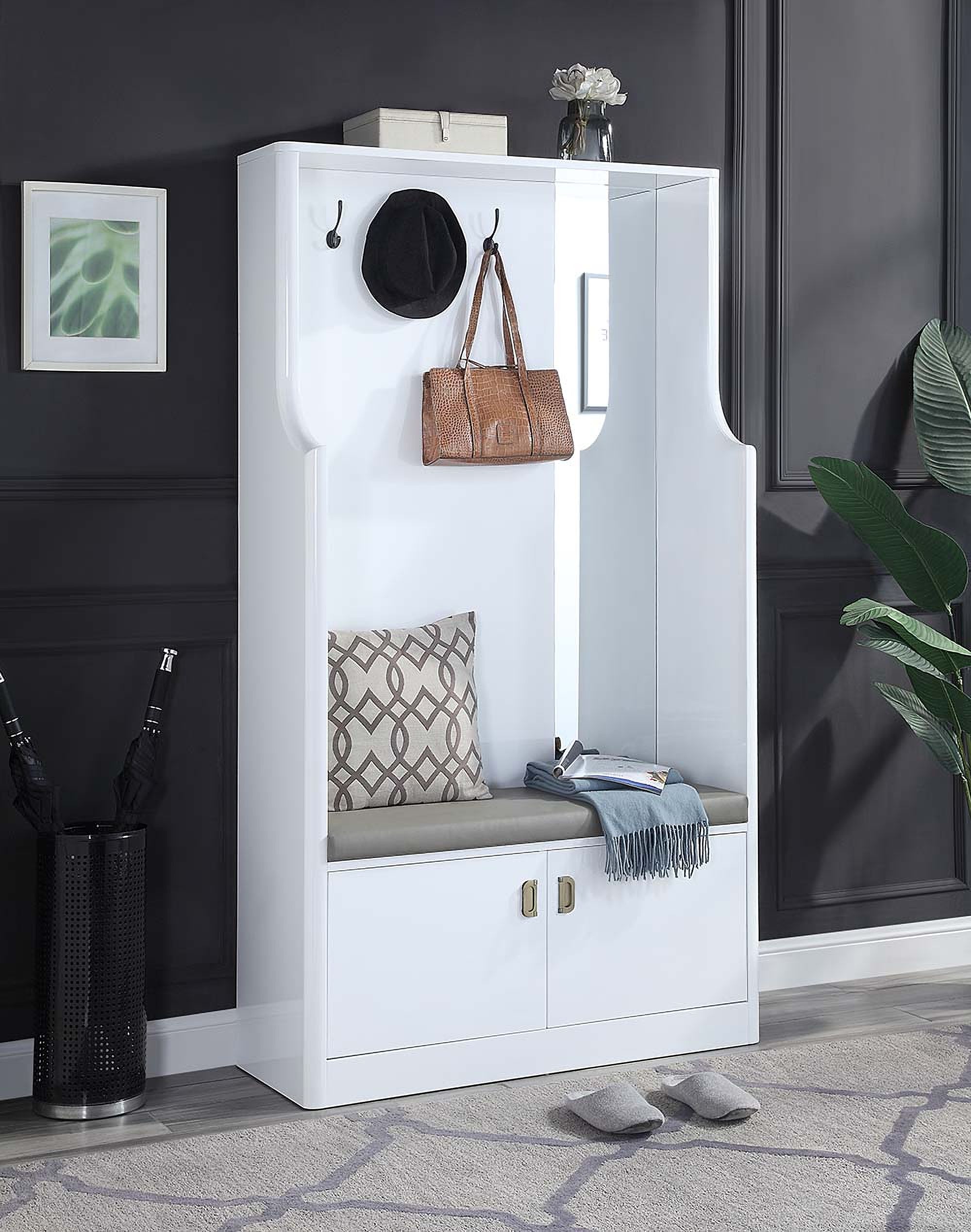 Buck II Hall Tree In White High Gloss Finish