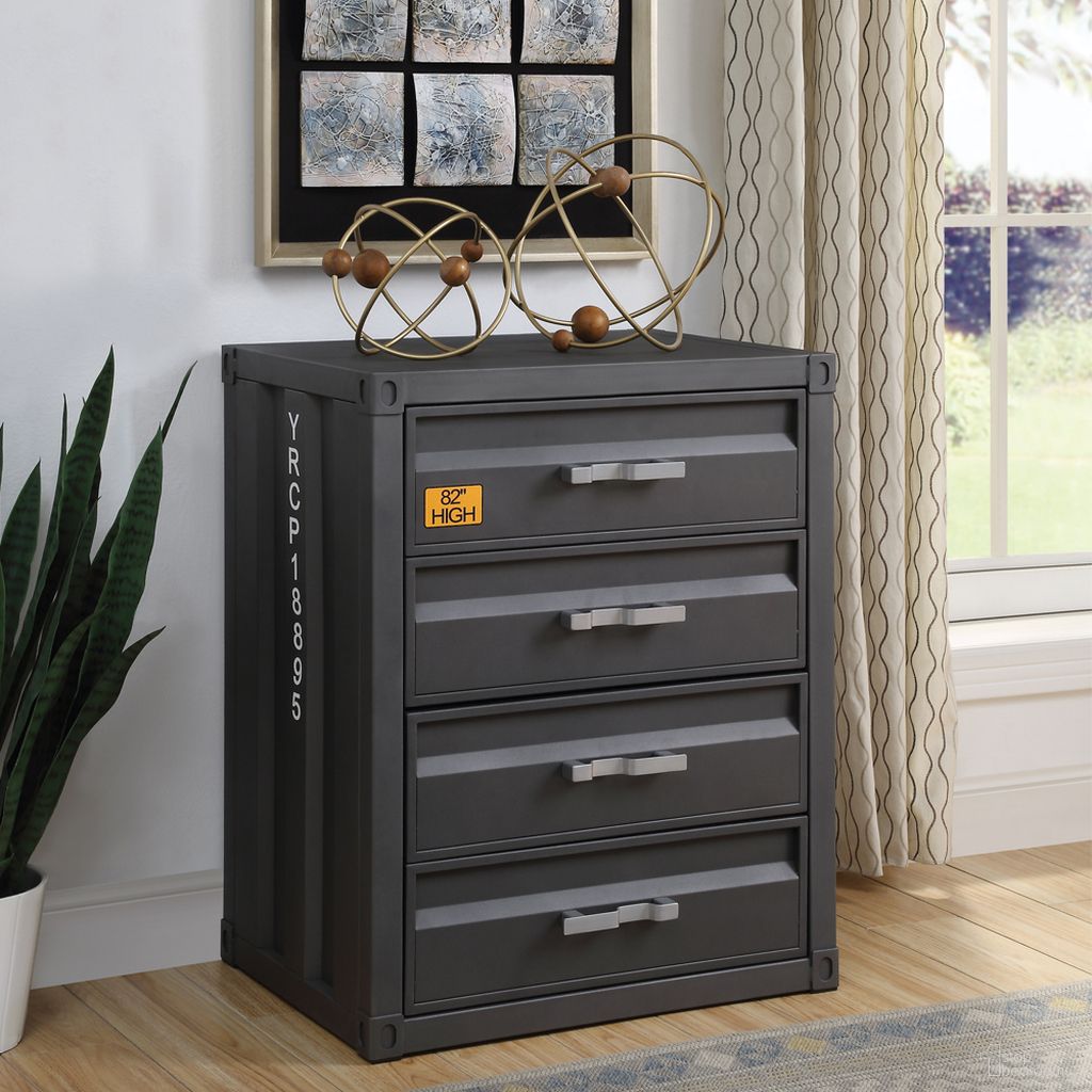 The appearance of Acme Cargo 4-Drawer Chest In Gunmetal Finish designed by ACME in the industrial interior design. This gunmetal piece of furniture was selected by 1StopBedrooms from Cargo Collection to add a touch of cosiness and style into your home. Sku: 37956. Material: Metal.