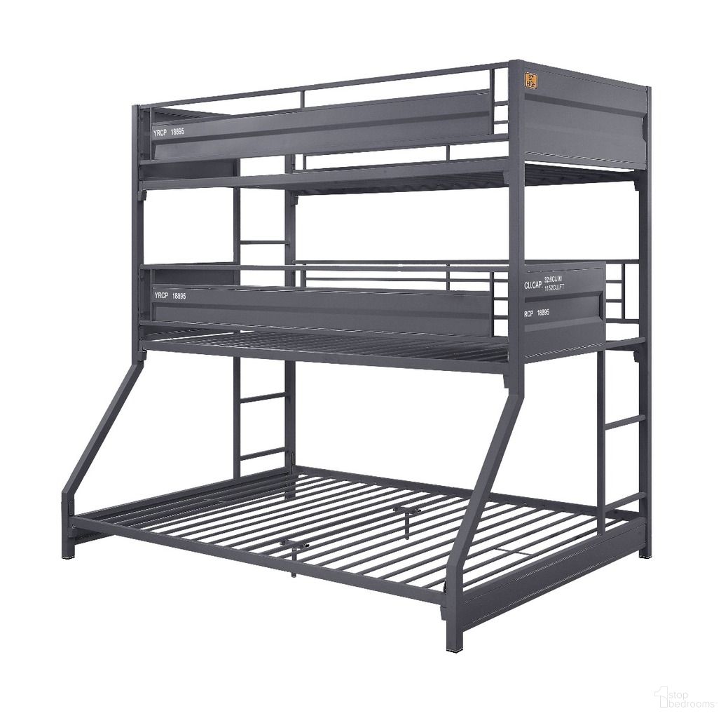 The appearance of Acme Cargo Twin Over Twin Over Full Triple Bunk Bed In Gunmetal Finish designed by ACME in the modern / contemporary interior design. This gunmetal piece of furniture  was selected by 1StopBedrooms from Cargo Collection to add a touch of cosiness and style into your home. Sku: 37995HB;37996FR. Bed Type: Bunk Bed. Material: Metal. Bed Size: Twin Over Full.