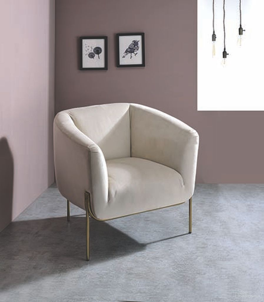 The appearance of Acme Carlson Accent Chair In Beige Velvet and Chrome designed by ACME in the modern / contemporary interior design. This beige piece of furniture  was selected by 1StopBedrooms from Carlson Collection to add a touch of cosiness and style into your home. Sku: 59792. Material: Velvet.