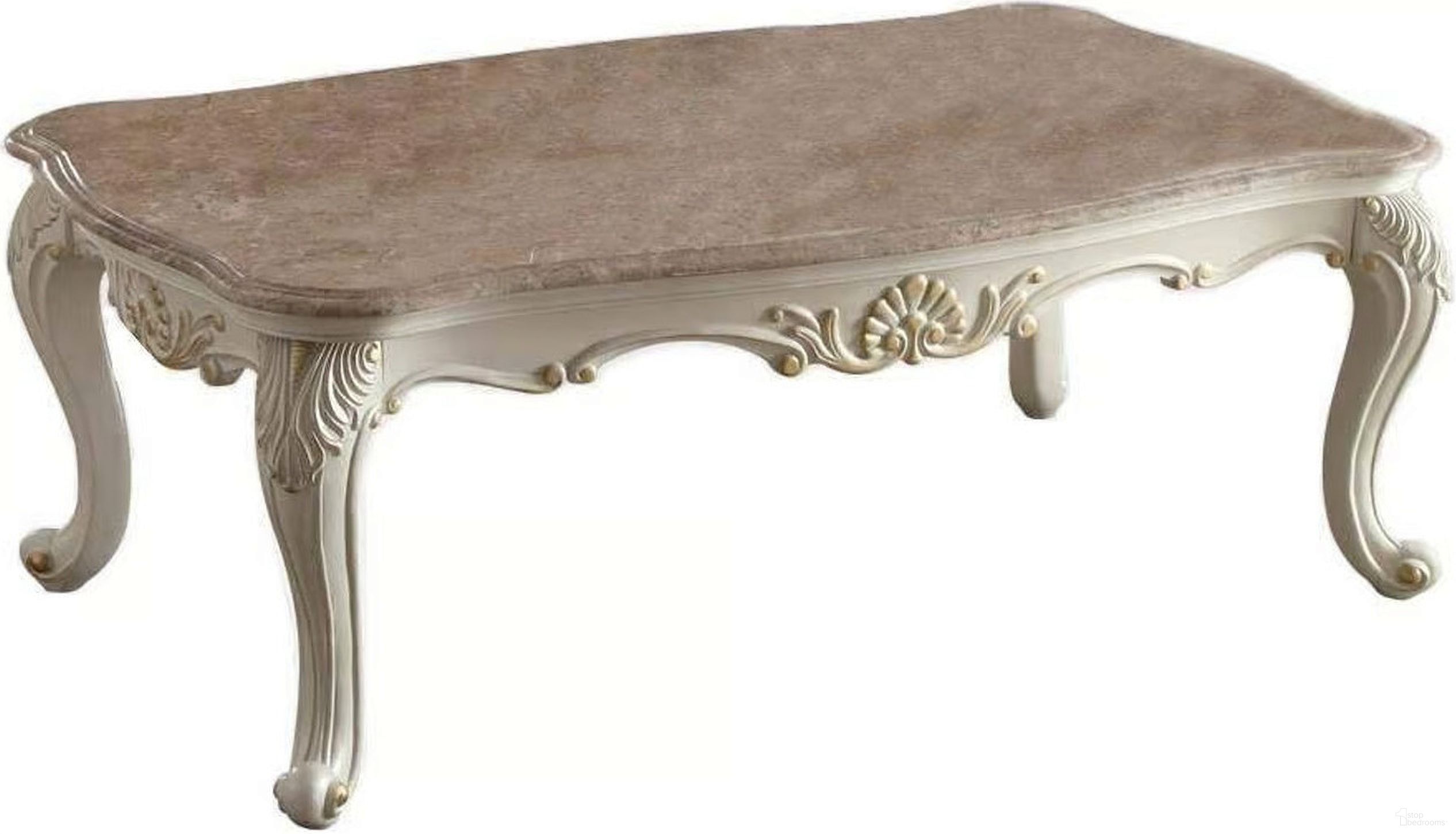 The appearance of Acme Chantelle Coffee Table with Marble Top in Pearl White designed by ACME in the rustic / southwestern interior design. This brown piece of furniture  was selected by 1StopBedrooms from Chantelle Collection to add a touch of cosiness and style into your home. Sku: 83540. Material: Stone.