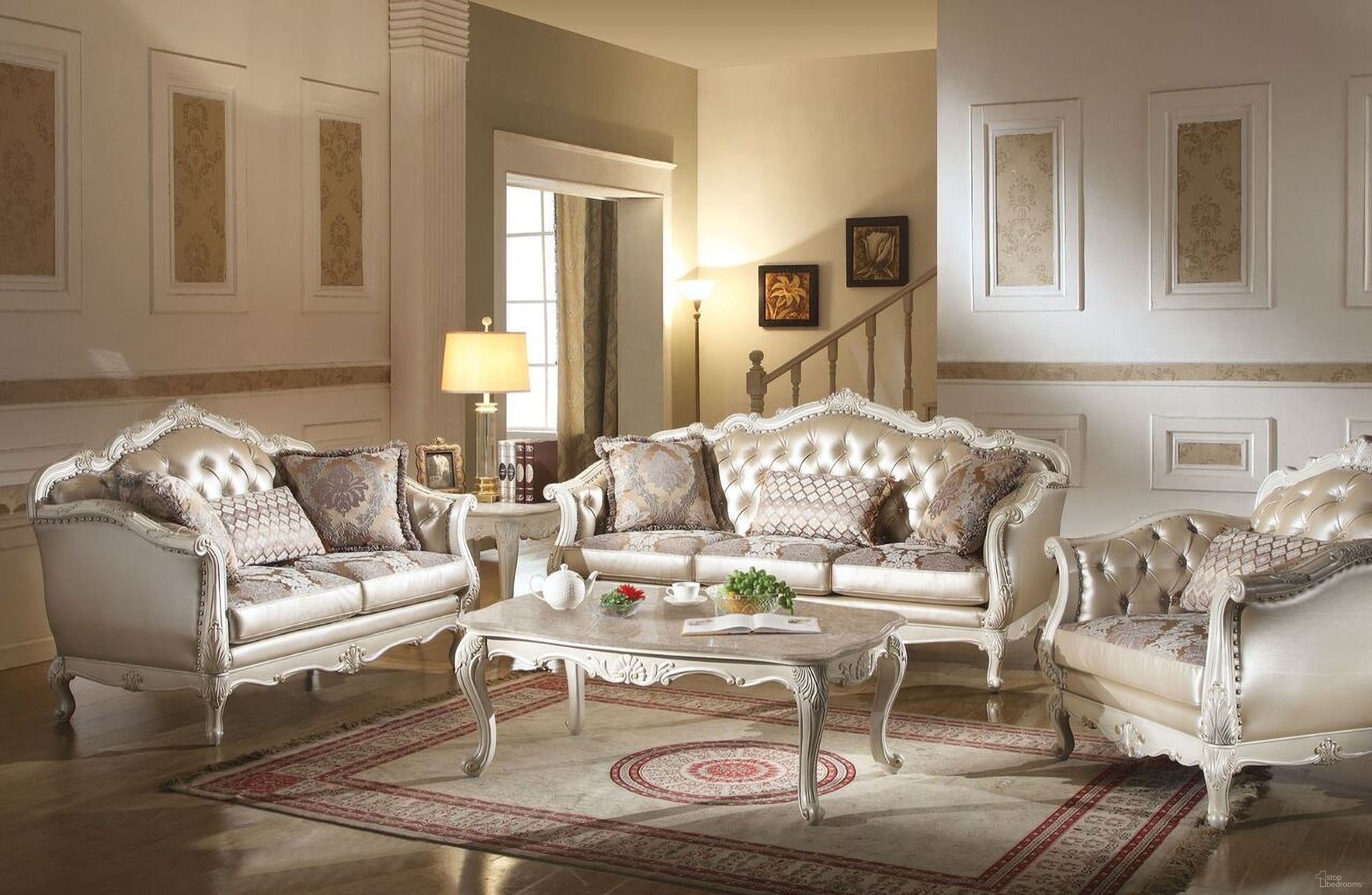 The appearance of Acme Chantelle Sofa in Pearl White designed by ACME in the rustic / southwestern interior design. This gold piece of furniture  was selected by 1StopBedrooms from Chantelle Collection to add a touch of cosiness and style into your home. Sku: 53540. Material: Fabric.