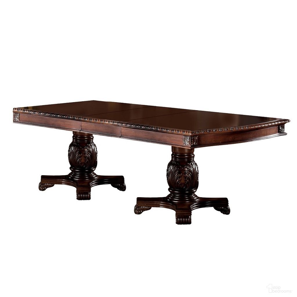 The appearance of Acme Chateau De Ville Dining Table With Double Pedestal In Cherry designed by ACME in the transitional interior design. This cherry piece of furniture was selected by 1StopBedrooms from Chateau De Ville Collection to add a touch of cosiness and style into your home. Sku: 04075A-T;04076A-ST. Table Base Style: Double Pedestal. Material: Wood. Table Top Shape: Rectangular. Size: 46" x 96".