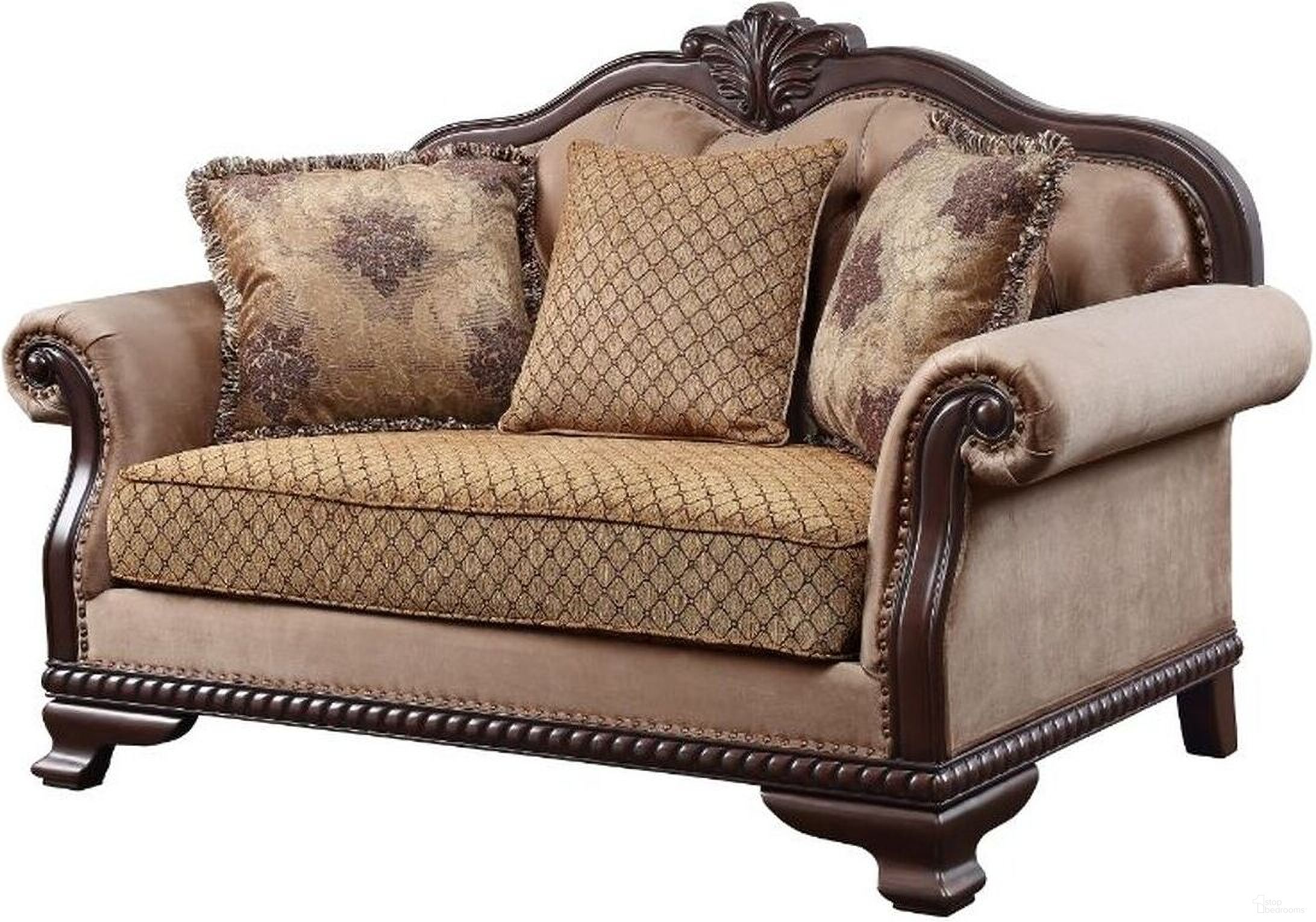 The appearance of Acme Chateau De Ville Loveseat With 3 Pillows designed by ACME in the transitional interior design. This brown piece of furniture was selected by 1StopBedrooms from Chateau De Ville Collection to add a touch of cosiness and style into your home. Sku: 58266. Material: Wood.