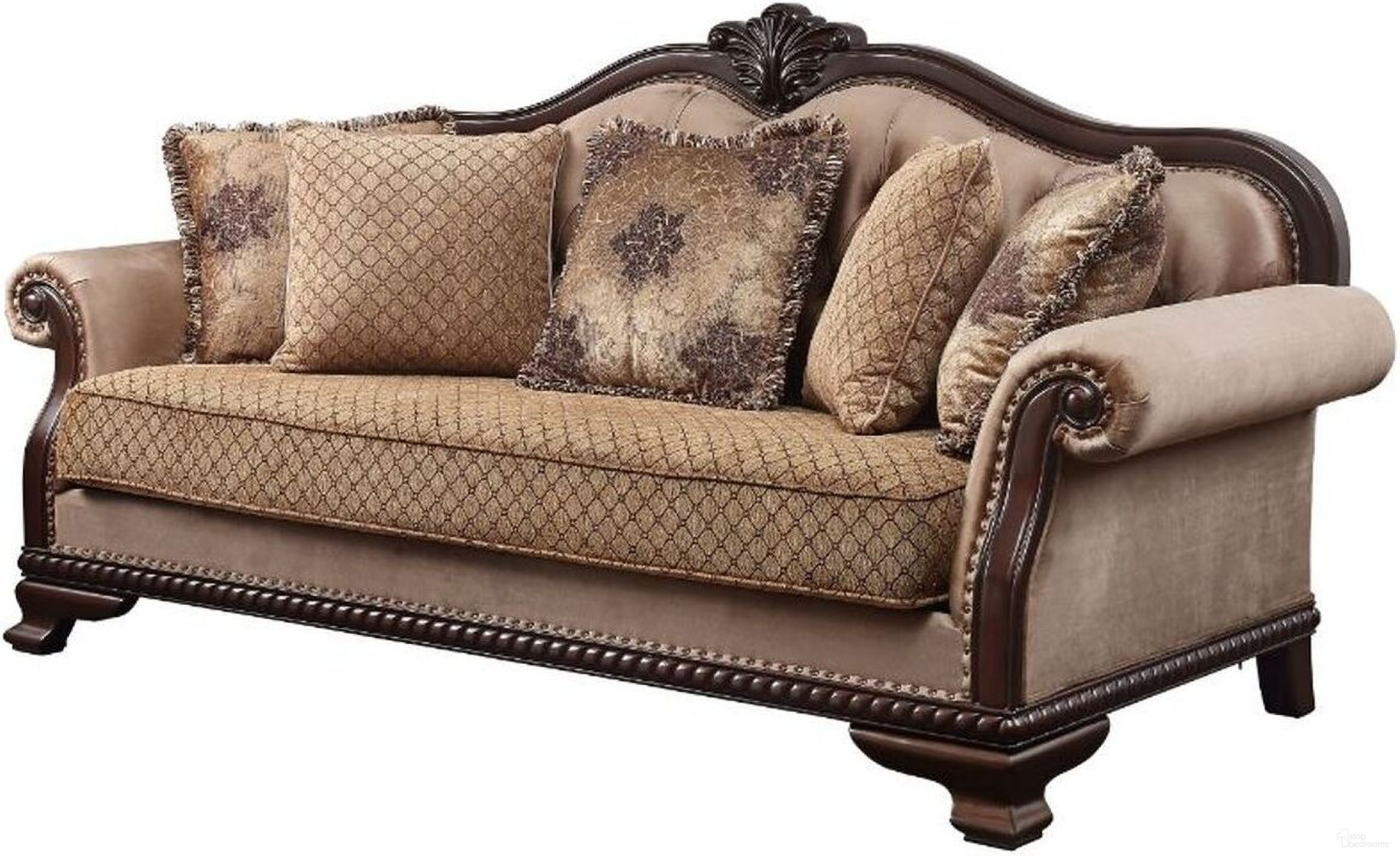 The appearance of Acme Chateau De Ville Sofa With 5 Pillows 58265 designed by ACME in the transitional interior design. This brown piece of furniture was selected by 1StopBedrooms from Chateau De Ville Collection to add a touch of cosiness and style into your home. Sku: 58265. Material: Wood.
