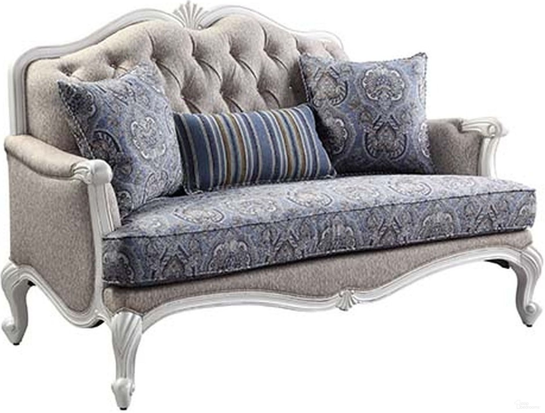 The appearance of Acme Ciddrenar Loveseat With 3 Pillows designed by ACME in the transitional interior design. This white piece of furniture was selected by 1StopBedrooms from Ciddrenar Collection to add a touch of cosiness and style into your home. Sku: 54311. Material: Wood.