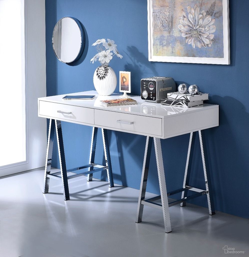 The appearance of Acme Coleen Built-In Usb Port Writing Desk In White High Gloss And Chrome Finish designed by ACME in the modern / contemporary interior design. This white high gloss piece of furniture  was selected by 1StopBedrooms from Coleen Collection to add a touch of cosiness and style into your home. Sku: 93047. Material: Wood.