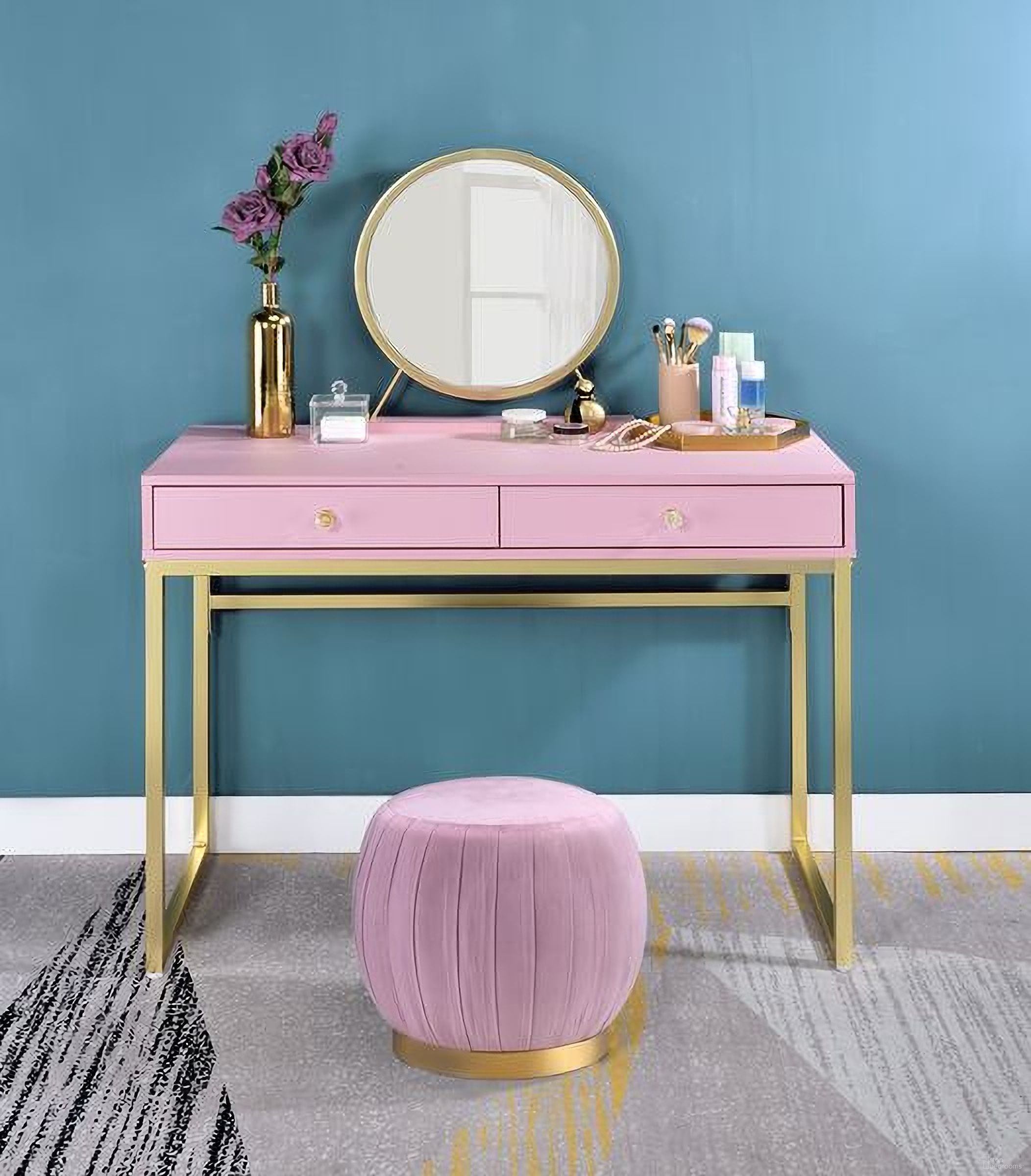 The appearance of Coleen Vanity Desk With Mirror And Jewelry Tray In Chrome/Pink designed by ACME in the modern / contemporary interior design. This chrome piece of furniture was selected by 1StopBedrooms from Coleen Collection to add a touch of cosiness and style into your home. Sku: AC00668. Material: Wood.