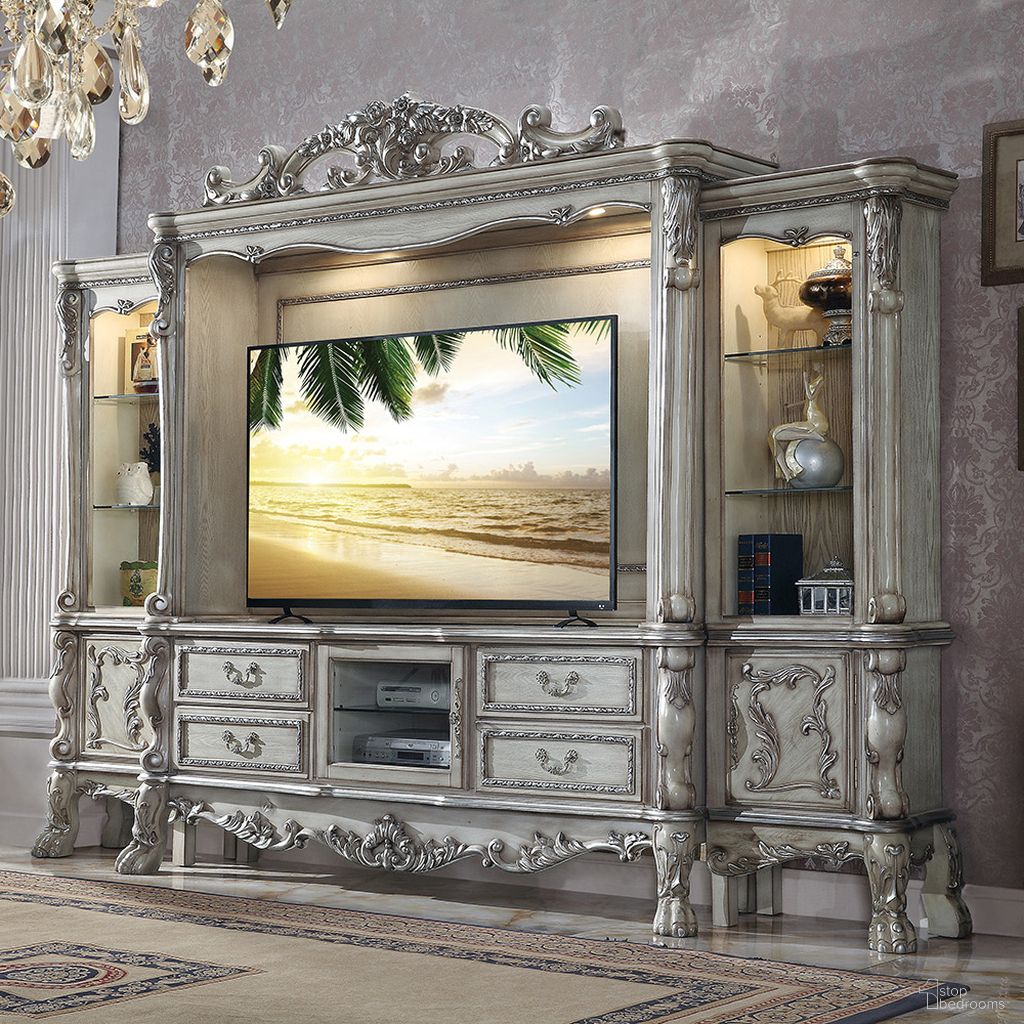 The appearance of Acme Dresden Entertainment Center In Vintage Bone White designed by ACME in the transitional interior design. This white piece of furniture  was selected by 1StopBedrooms from Dresden Collection to add a touch of cosiness and style into your home. Sku: 91470LP;91471RP;91472TOP. Material: Wood.
