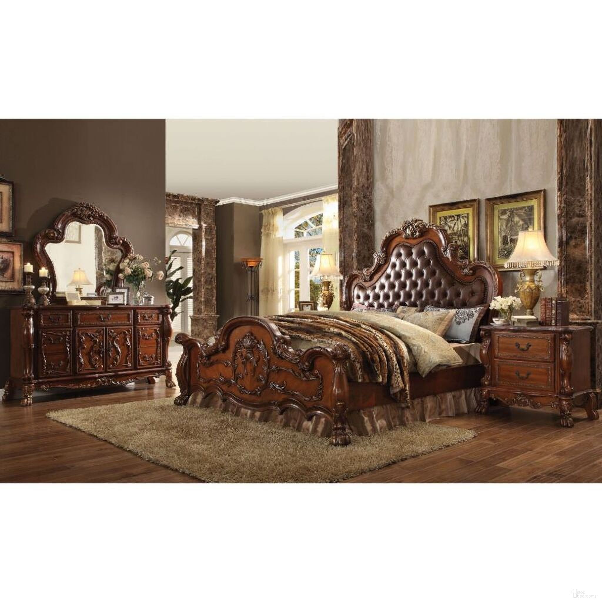 Dresden Eastern King Bed In Cherry Synthetic Leather and Cherry Oak