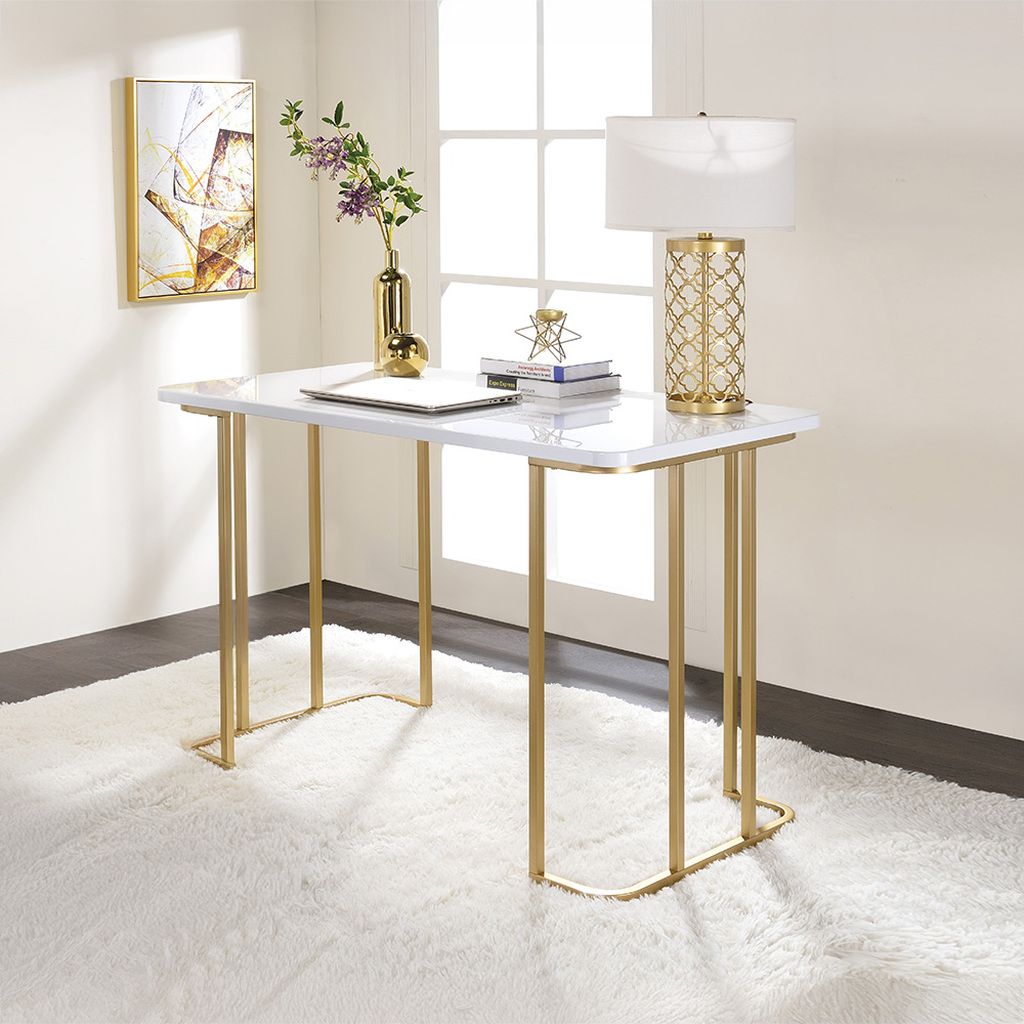 Acme Estie Writing Desk In White And Gold Finish