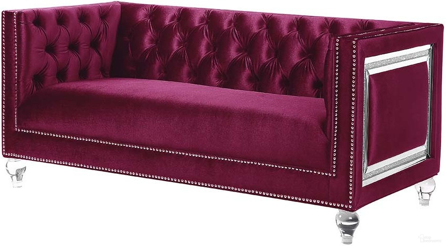 The appearance of Acme Heibero Loveseat With 2 Pillows LV01401 designed by ACME in the modern / contemporary interior design. This burgundy velvet piece of furniture  was selected by 1StopBedrooms from Heibero Collection to add a touch of cosiness and style into your home. Sku: LV01401. Material: Wood.