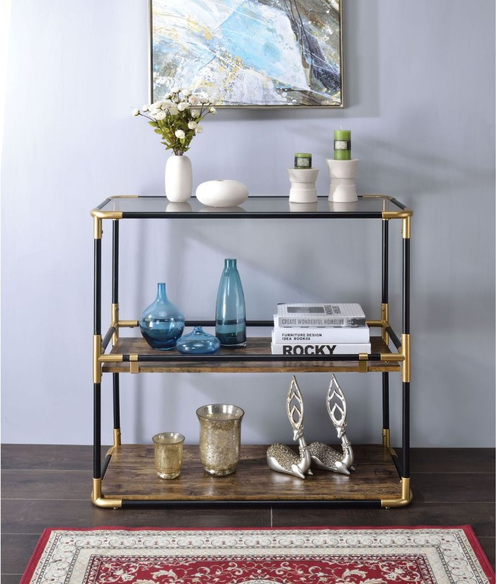 The appearance of Acme Heleris Console Table In Black and Smoky Glass designed by ACME in the industrial interior design. This black piece of furniture  was selected by 1StopBedrooms from Heleris Collection to add a touch of cosiness and style into your home. Sku: 90319. Material: Metal.