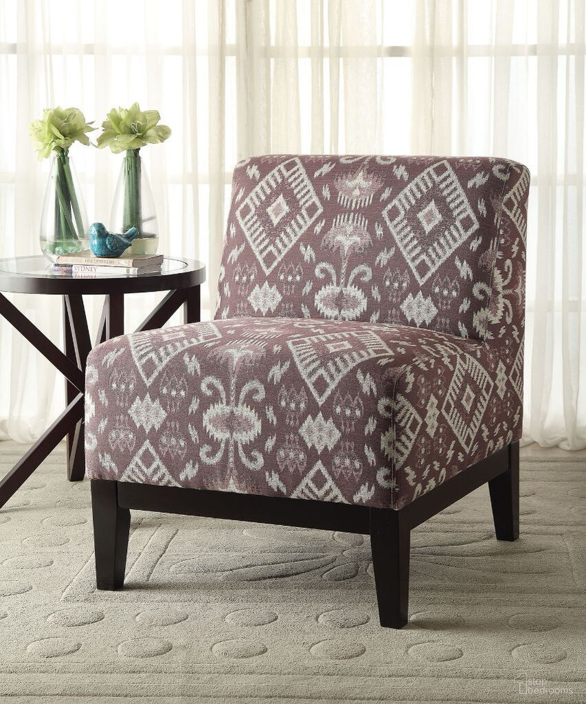 The appearance of Acme Hinte Accent Chair In Pattern Fabric designed by ACME in the transitional interior design. This light brown piece of furniture  was selected by 1StopBedrooms from Hinte Collection to add a touch of cosiness and style into your home. Sku: 59503. Material: Wood.