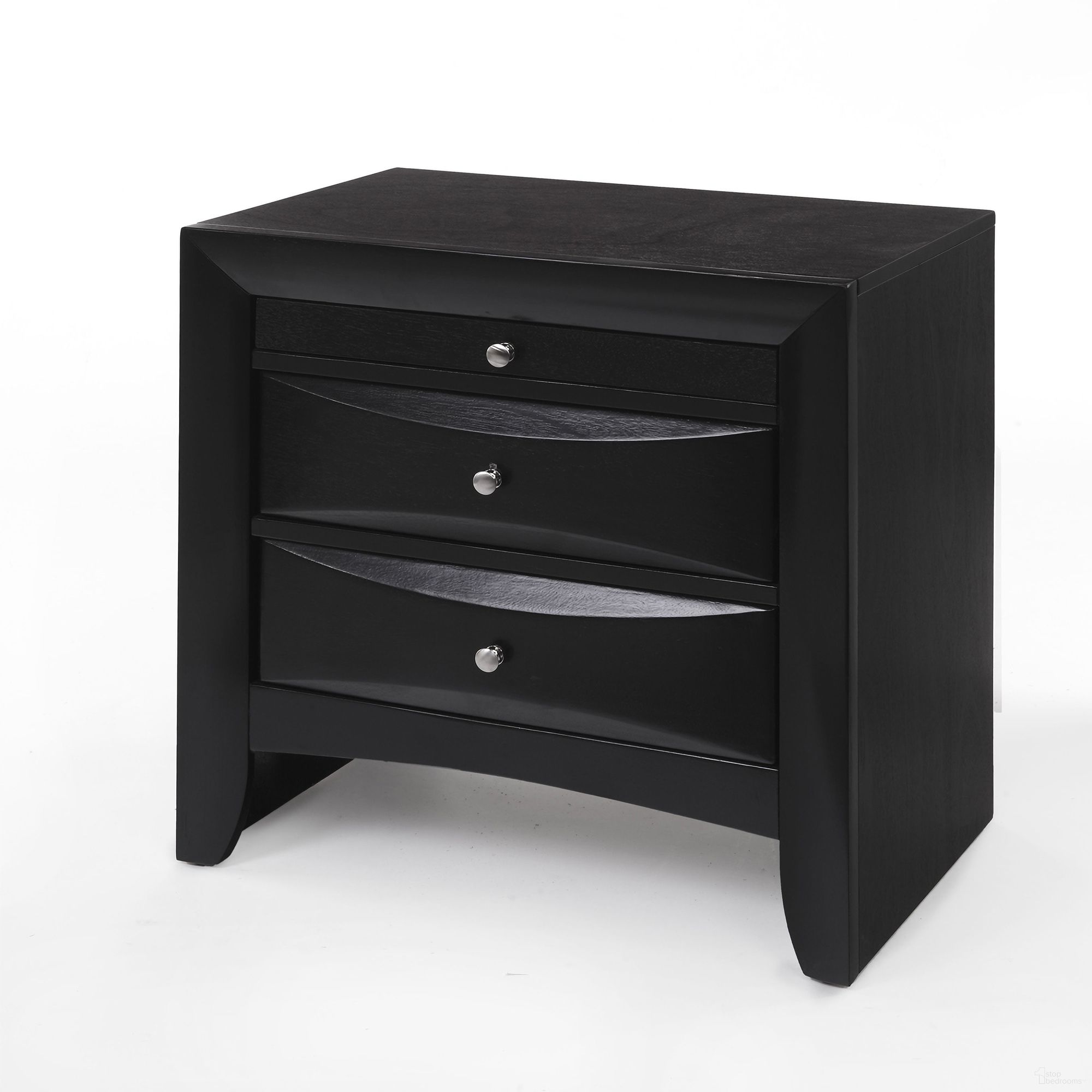 The appearance of Acme Ireland 3-Drawer Nightstand in Black with Pull-out Tray designed by ACME in the transitional interior design. This black piece of furniture  was selected by 1StopBedrooms from Ireland Collection to add a touch of cosiness and style into your home. Sku: 04163. Material: Vinyl.