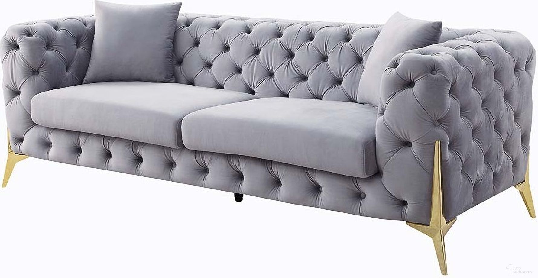 The appearance of Acme Jelanea Sofa With 2 Pillows designed by ACME in the modern / contemporary interior design. This gray and gold piece of furniture was selected by 1StopBedrooms from Jelanea Collection to add a touch of cosiness and style into your home. Sku: LV01406. Material: Wood.