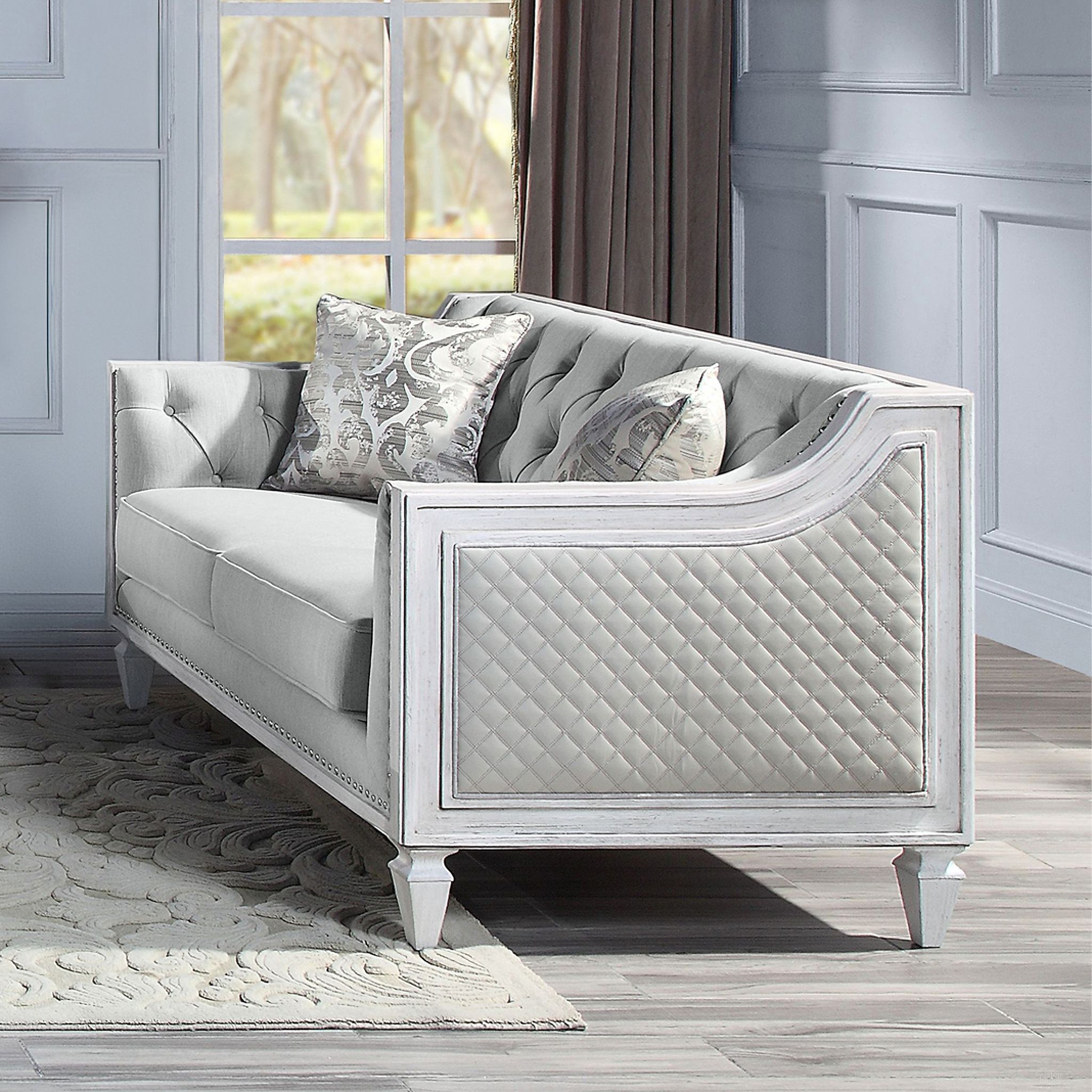 The appearance of Acme Katia Loveseat With 2 Pillows designed by ACME in the transitional interior design. This light gray piece of furniture  was selected by 1StopBedrooms from Katia Collection to add a touch of cosiness and style into your home. Sku: LV01050. Material: Wood.
