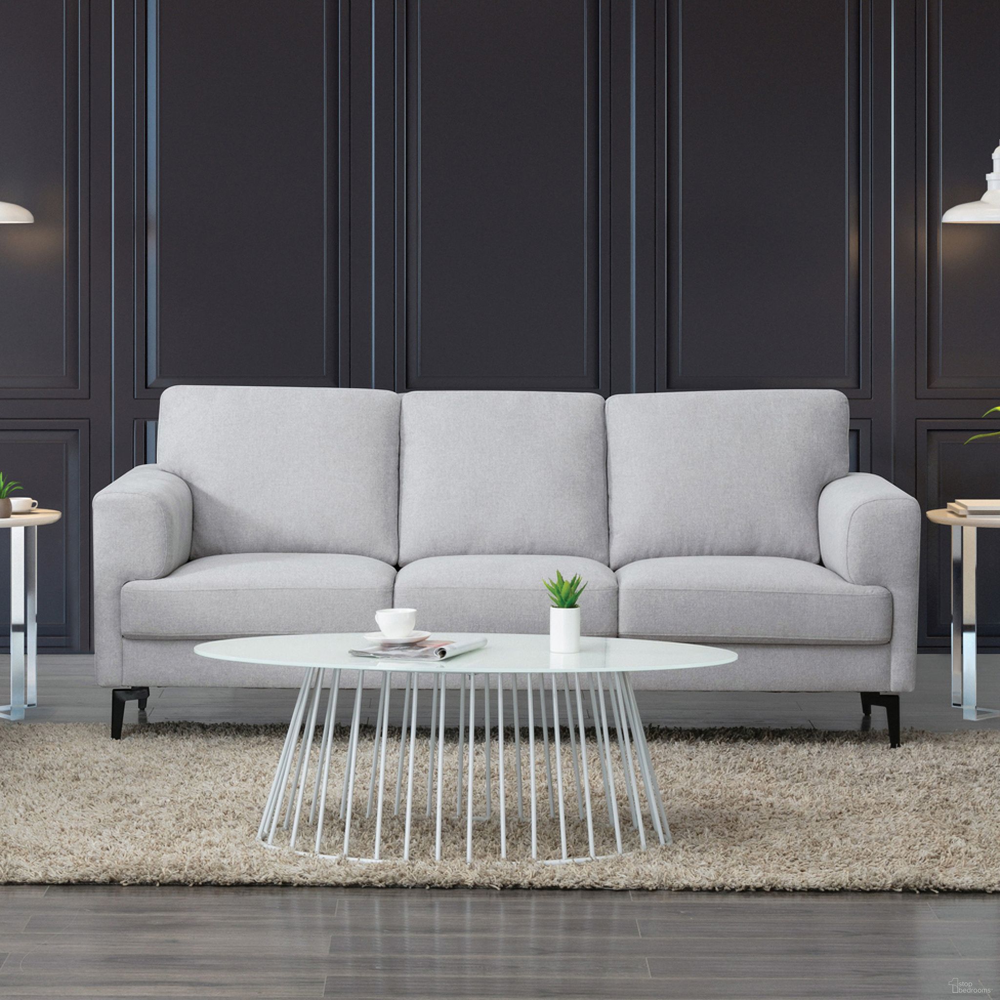 The appearance of Acme Kyrene Sofa designed by ACME in the modern / contemporary interior design. This light gray piece of furniture was selected by 1StopBedrooms from Kyrene Collection to add a touch of cosiness and style into your home. Sku: 56925. Material: Wood.