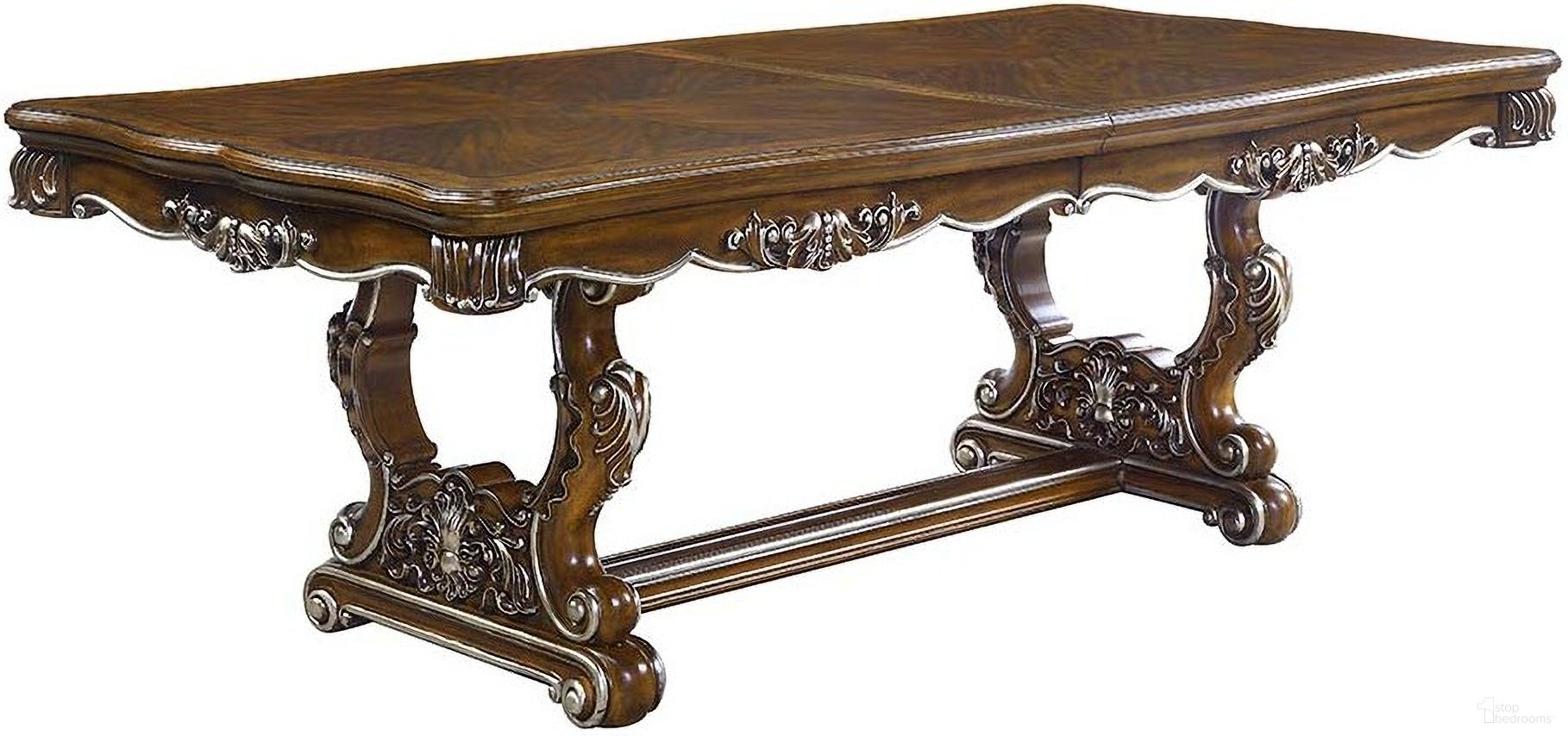 The appearance of Acme Latisha Dining Table With Trestle In Antique Oak Finish designed by ACME in the transitional interior design. This antique oak piece of furniture was selected by 1StopBedrooms from Latisha Collection to add a touch of cosiness and style into your home. Sku: DN01357-1;DN01357-2. Table Base Style: Trestle. Material: Wood. Table Top Shape: Rectangular. Size: 44" x 114".