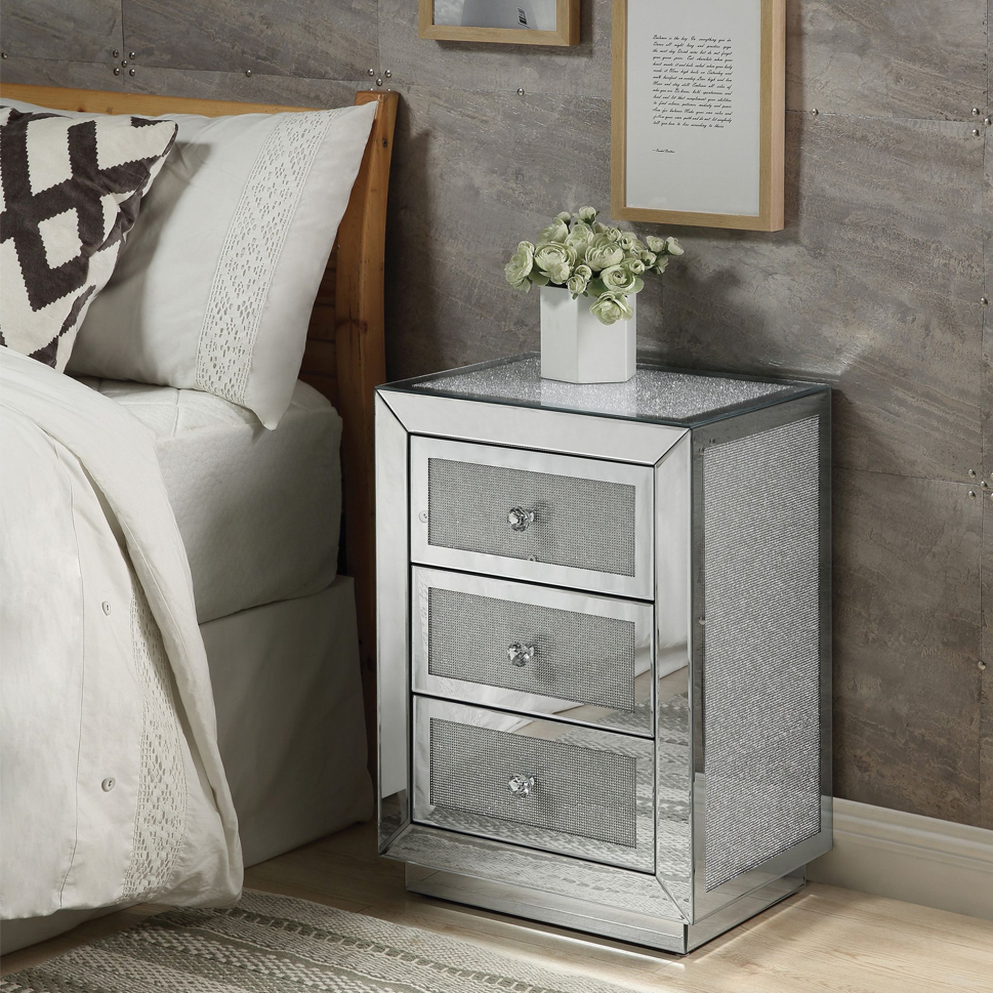 The appearance of Acme Lavina Accent Table In Mirrored And Faux Diamonds 97660 designed by ACME in the glam interior design. This mirrored piece of furniture was selected by 1StopBedrooms from Noralie Collection to add a touch of cosiness and style into your home. Sku: 97660. Material: MDF.