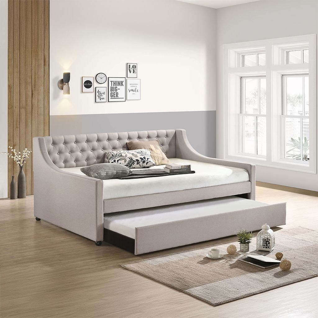 The appearance of Acme Lianna Full Daybed And Twin Trundle In Fog Fabric designed by ACME in the transitional interior design. This fog piece of furniture was selected by 1StopBedrooms from Lianna Collection to add a touch of cosiness and style into your home. Sku: 39385HF;39386PNL. Bed Type: Daybed. Material: Wood. Bed Size: Full.