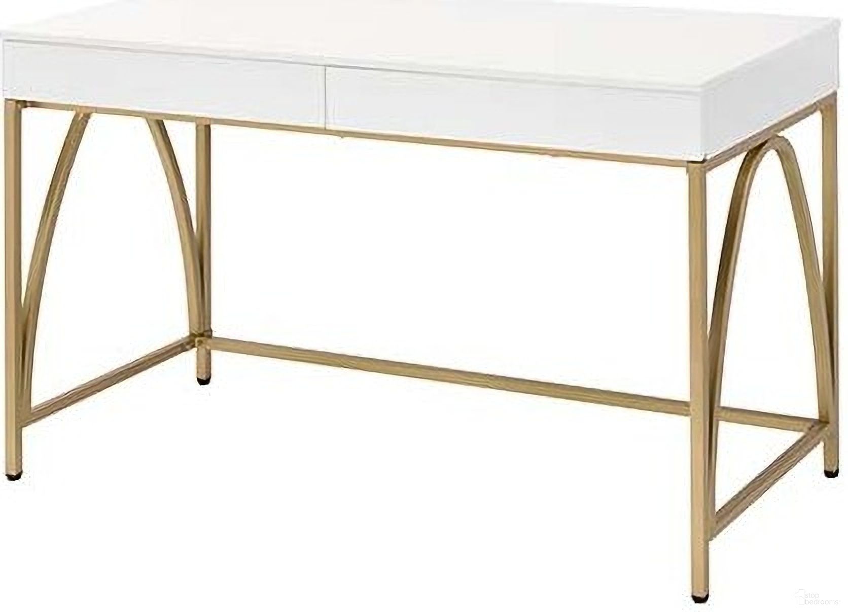 Acme Lightmane Vanity Desk In White High Gloss And Gold Finish