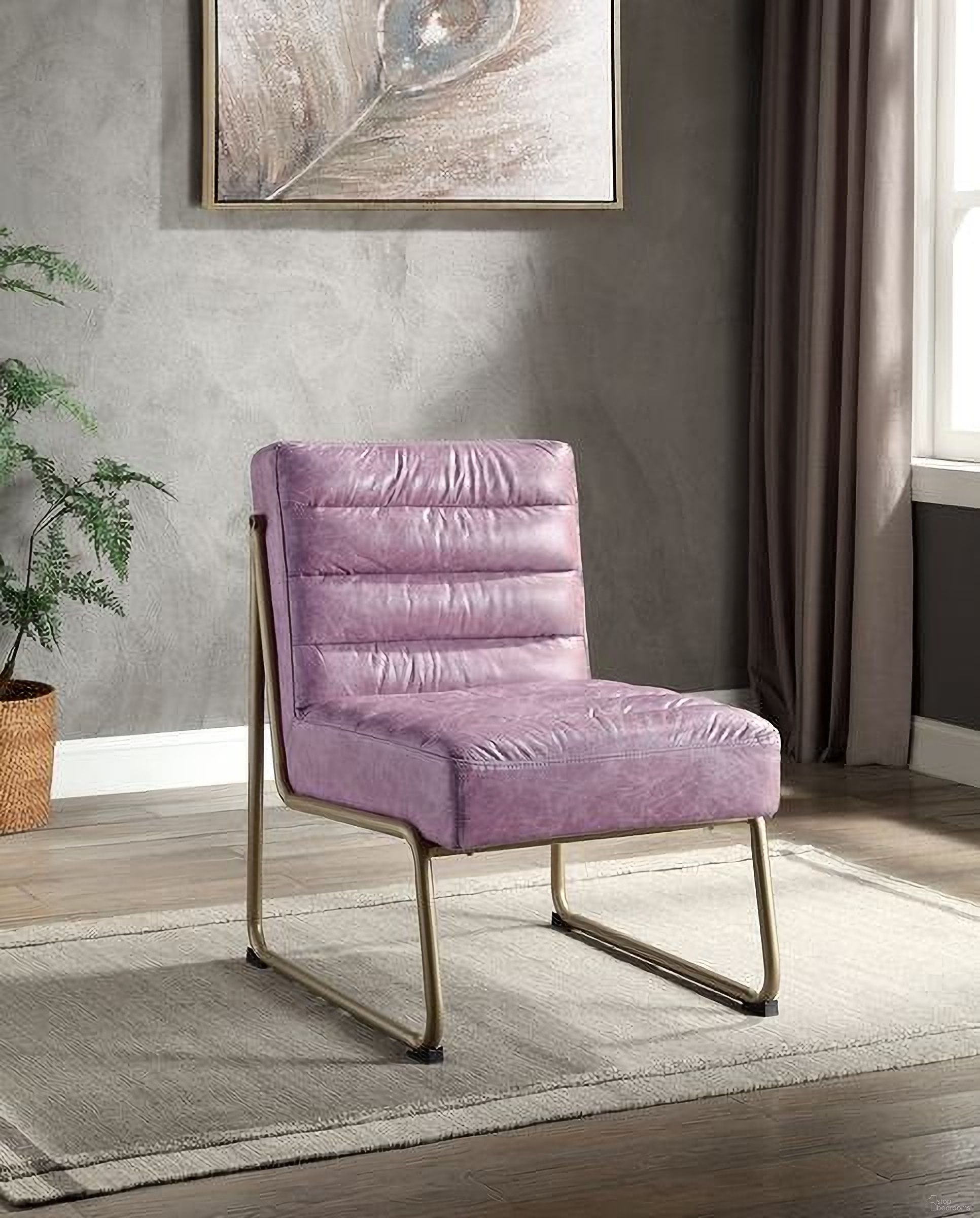 The appearance of Acme Loria Accent Chair In Wisteria Top Grain Leather designed by ACME in the industrial interior design. This purple piece of furniture  was selected by 1StopBedrooms from Loria Collection to add a touch of cosiness and style into your home. Sku: AC00657. Material: Wood.