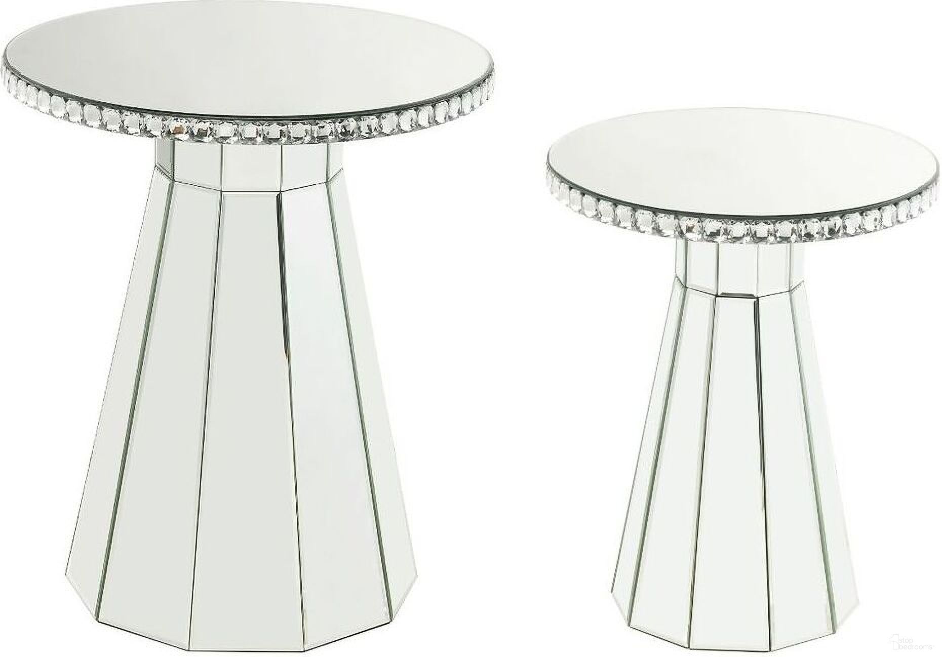 The appearance of Acme Lotus Accent Table In Mirrored And Faux Cyrstals Inlay designed by ACME in the glam interior design. This mirrored piece of furniture  was selected by 1StopBedrooms from Lotus Collection to add a touch of cosiness and style into your home. Sku: 97958. Material: MDF.
