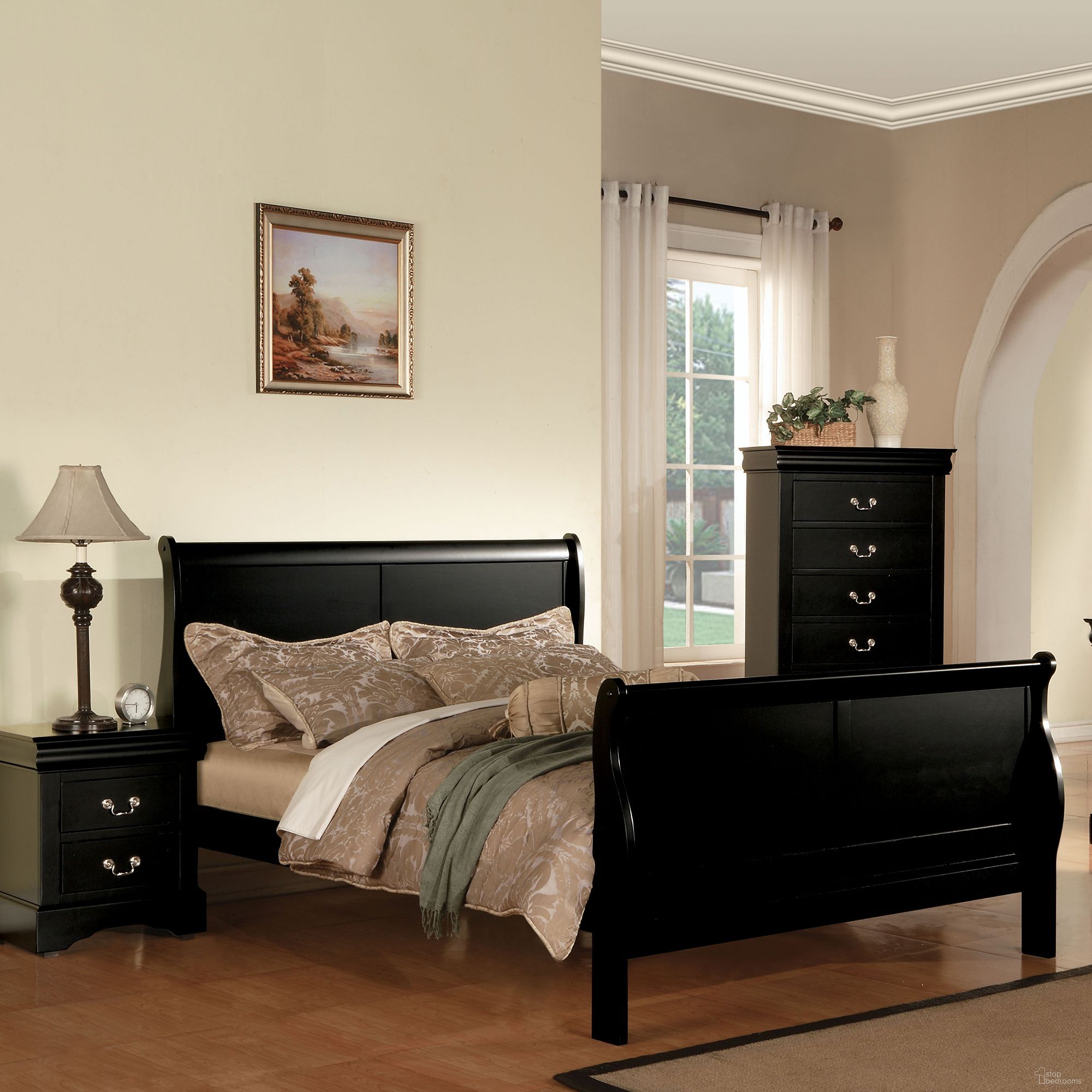 The appearance of Acme Louis Philippe III Eastern King Sleigh Bed in Black designed by ACME in the transitional interior design. This black piece of furniture was selected by 1StopBedrooms from Louis Philippe Iii Collection to add a touch of cosiness and style into your home. Sku: 19497EK-HF;19498EK-R. Bed Type: Sleigh Bed. Material: Wood. Bed Size: King.
