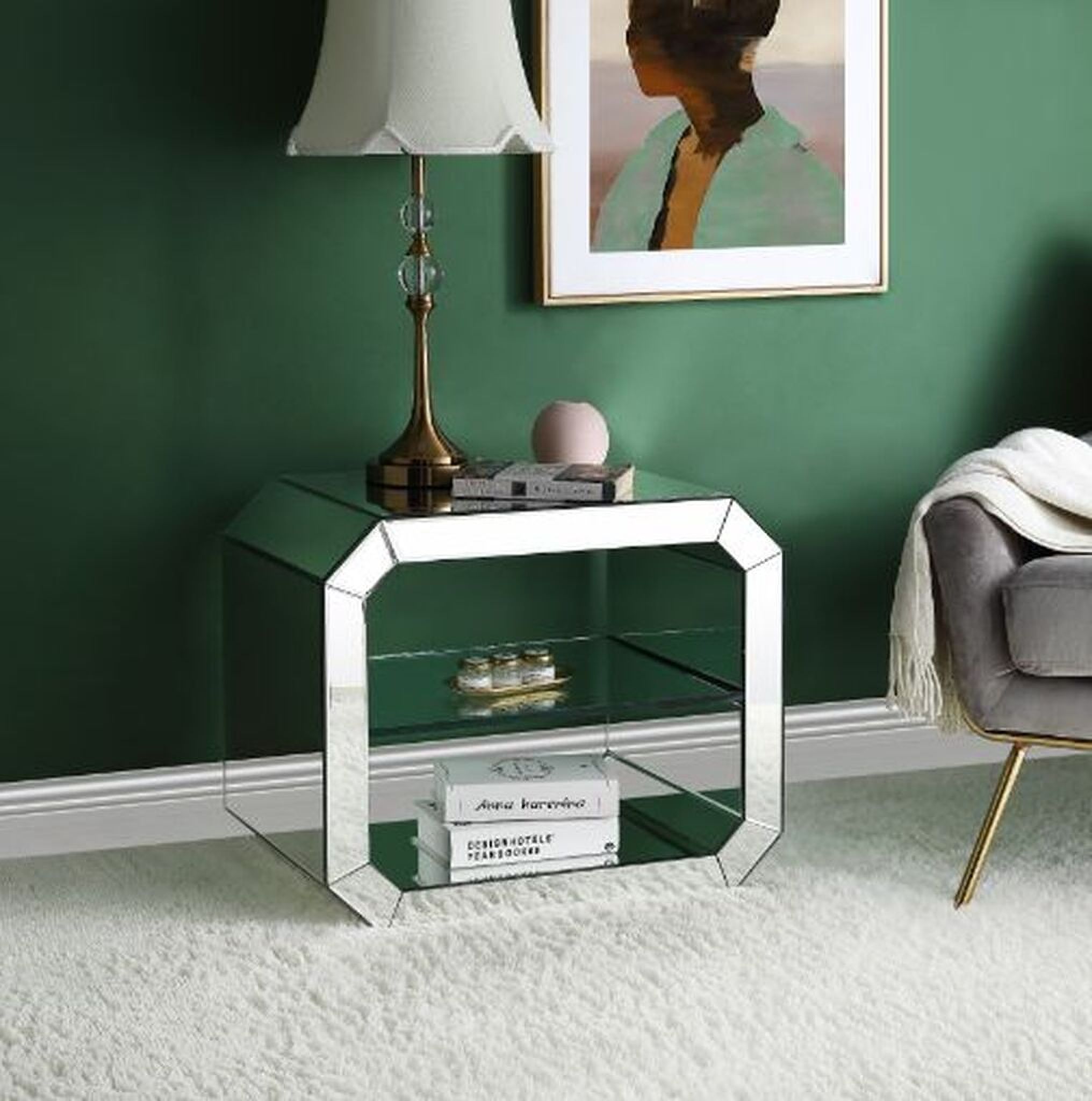 The appearance of Acme Meria Accent Table In Mirrored And Clear Glass 97938 designed by ACME in the glam interior design. This mirrored piece of furniture  was selected by 1StopBedrooms from Dominic Collection to add a touch of cosiness and style into your home. Sku: 97938. Material: MDF.
