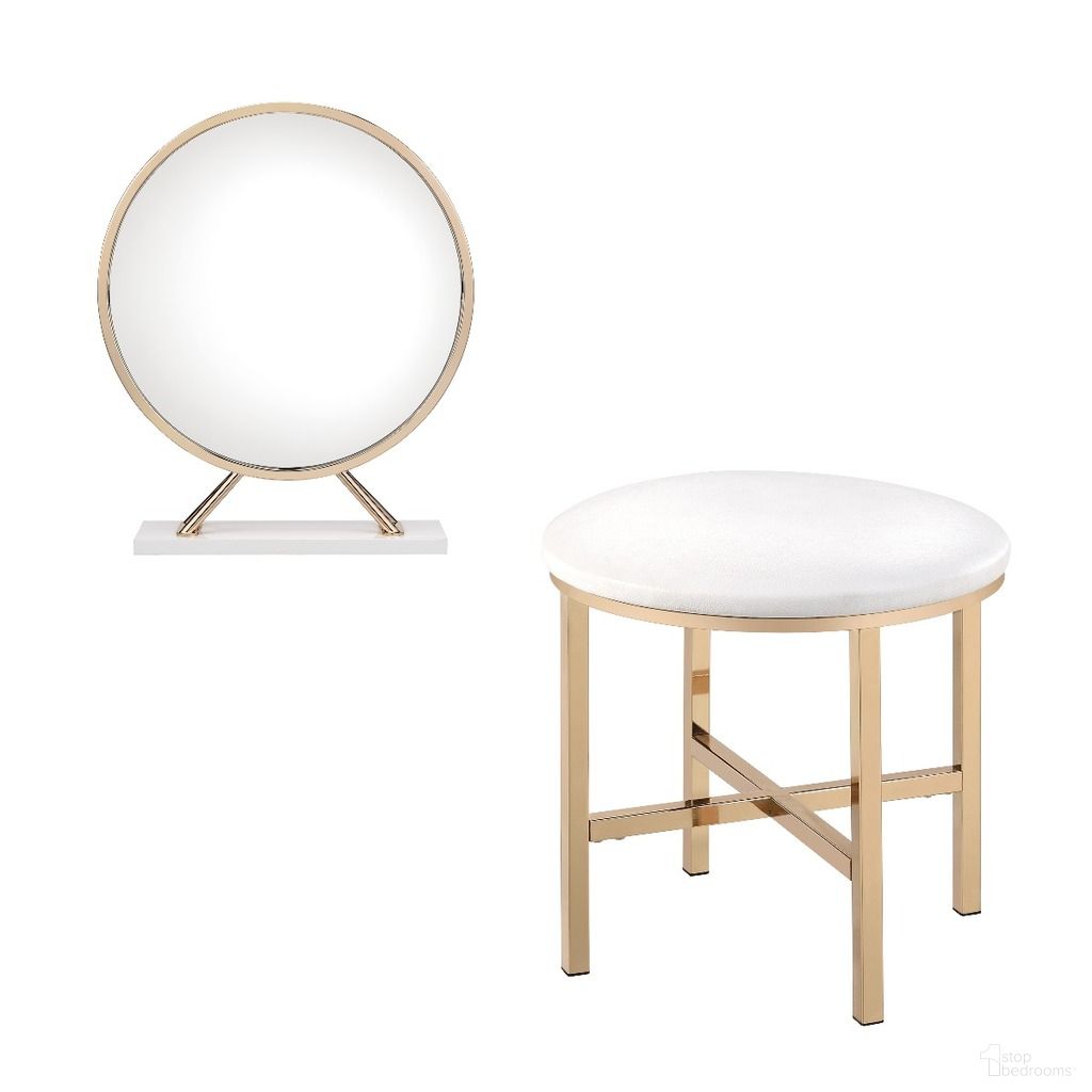 Acme Midriaks Mirror And Stool In White And Gold Finish