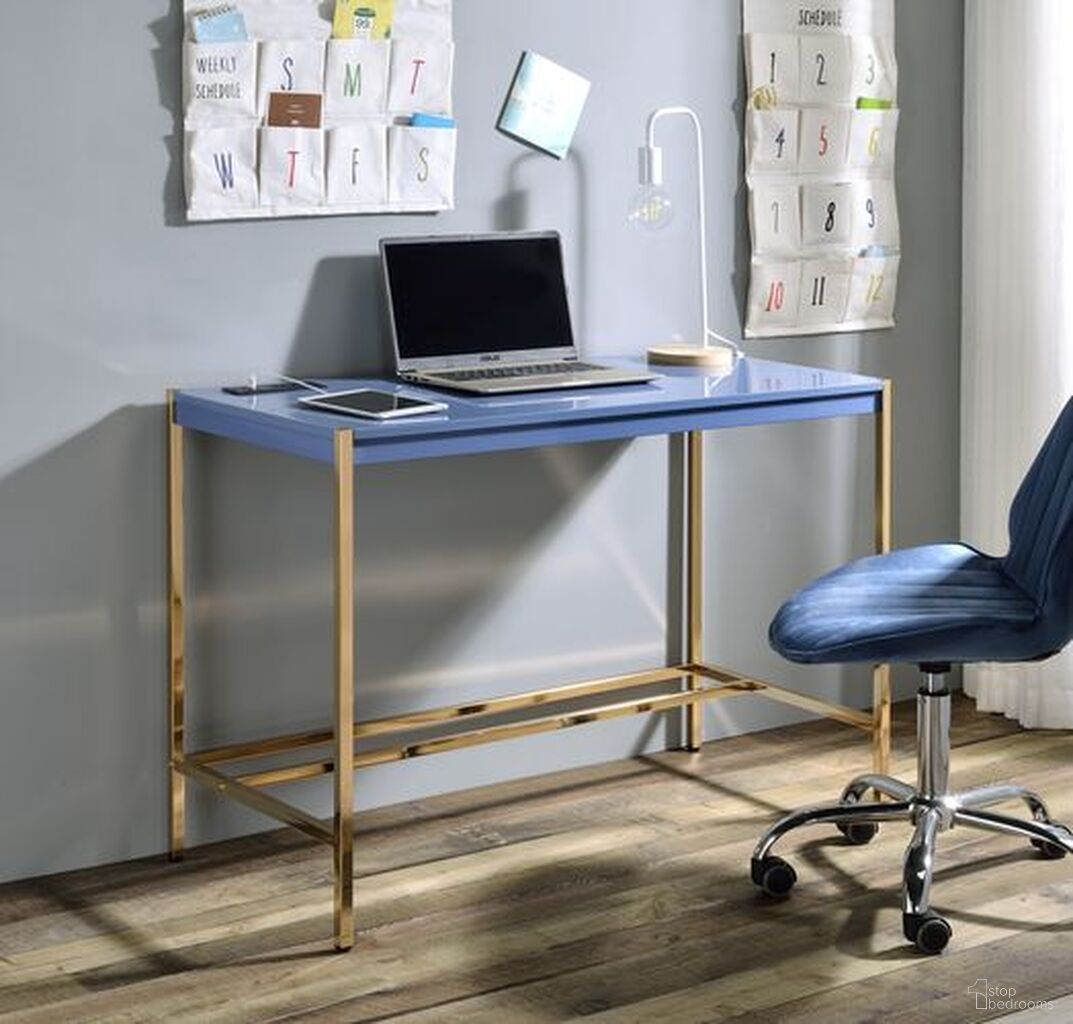 Acme Midriaks Writing Desk With Usb In Navy Blue And Gold Finish
