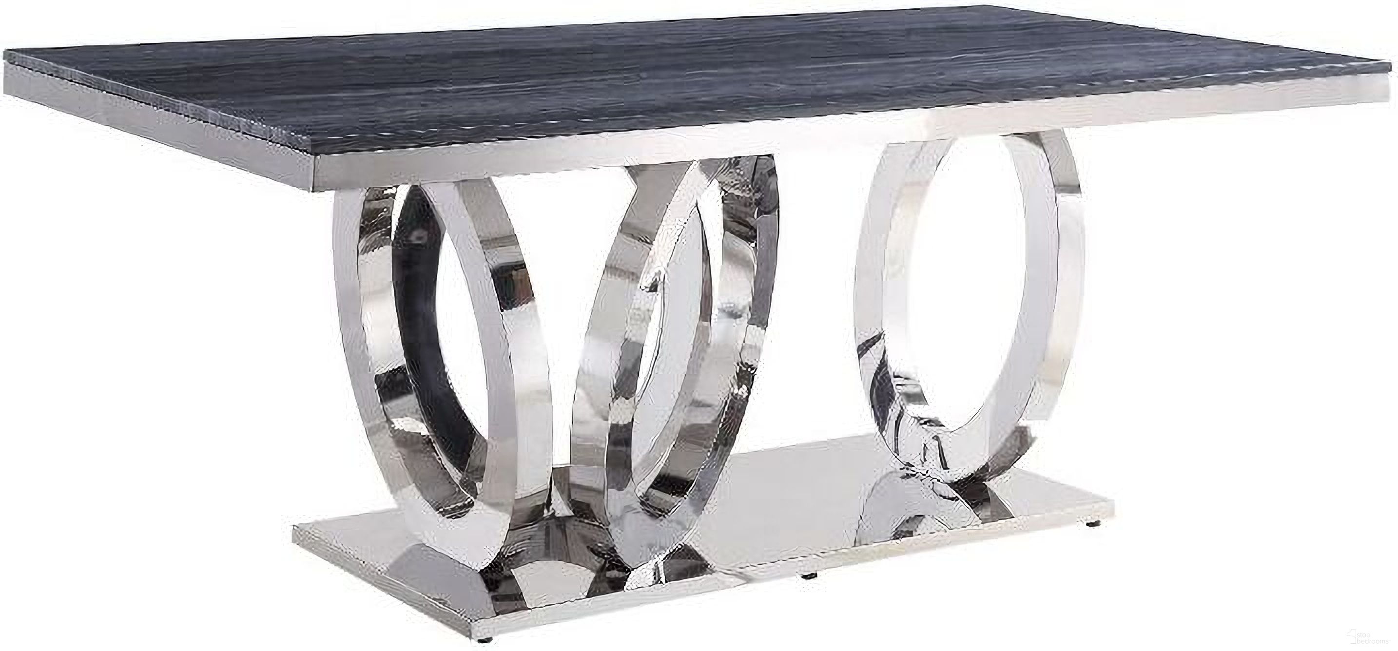 The appearance of Acme Nasir Dining Table In Gray Printed Faux Marble and Mirrored Silver Finish designed by ACME in the modern / contemporary interior design. This gray piece of furniture  was selected by 1StopBedrooms from Nasir Collection to add a touch of cosiness and style into your home. Sku: 68255T;68256FRM;68257ST;68258BASE. Table Base Style: Double Pedestal. Table Top Shape: Rectangular. Material: Stainless Steel. Size: 79".