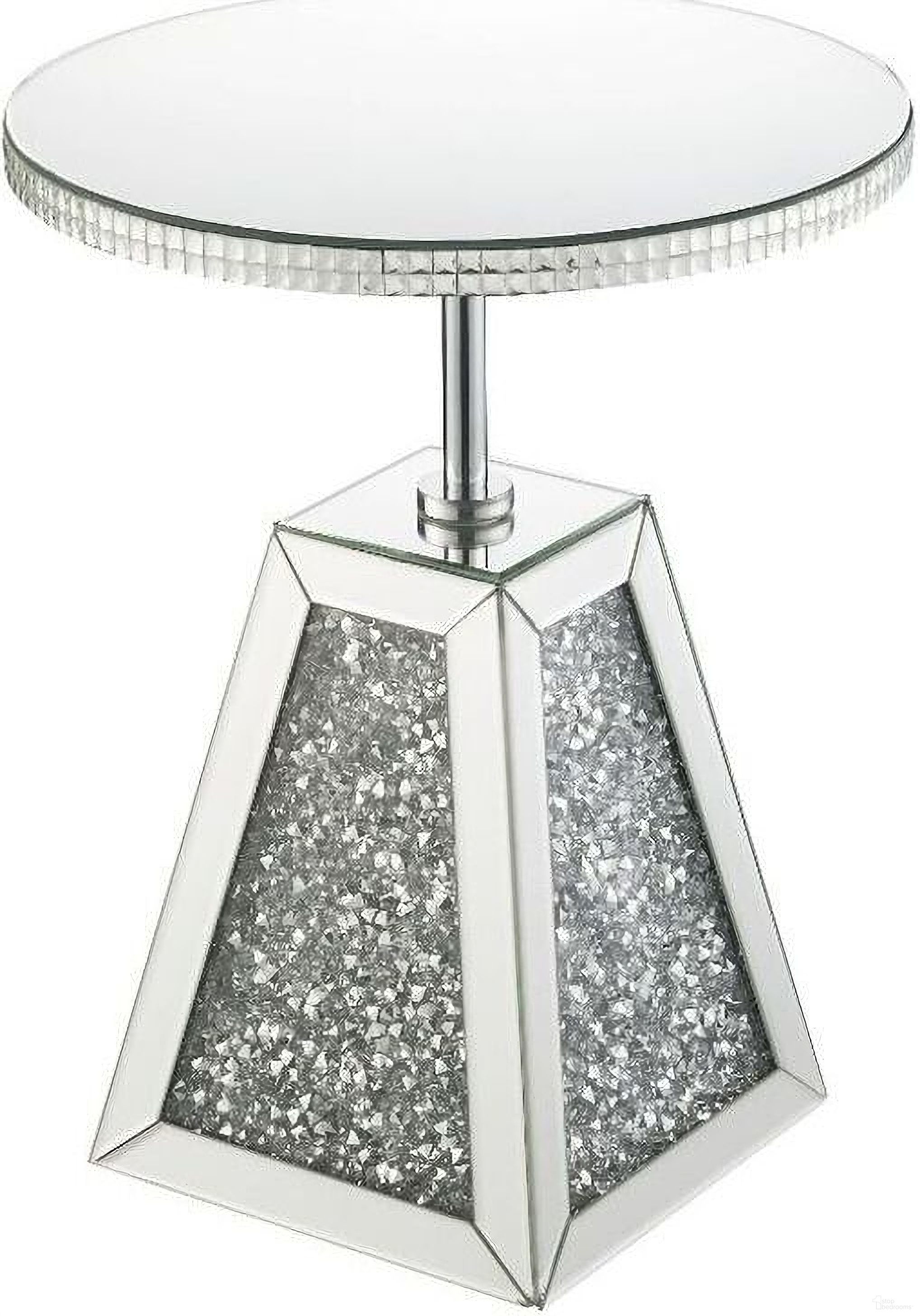 The appearance of Acme Noralie Accent Table In Mirrored And Faux Diamonds 97702 designed by ACME in the glam interior design. This mirrored piece of furniture  was selected by 1StopBedrooms from Noralie Collection to add a touch of cosiness and style into your home. Sku: 97702. Material: MDF.