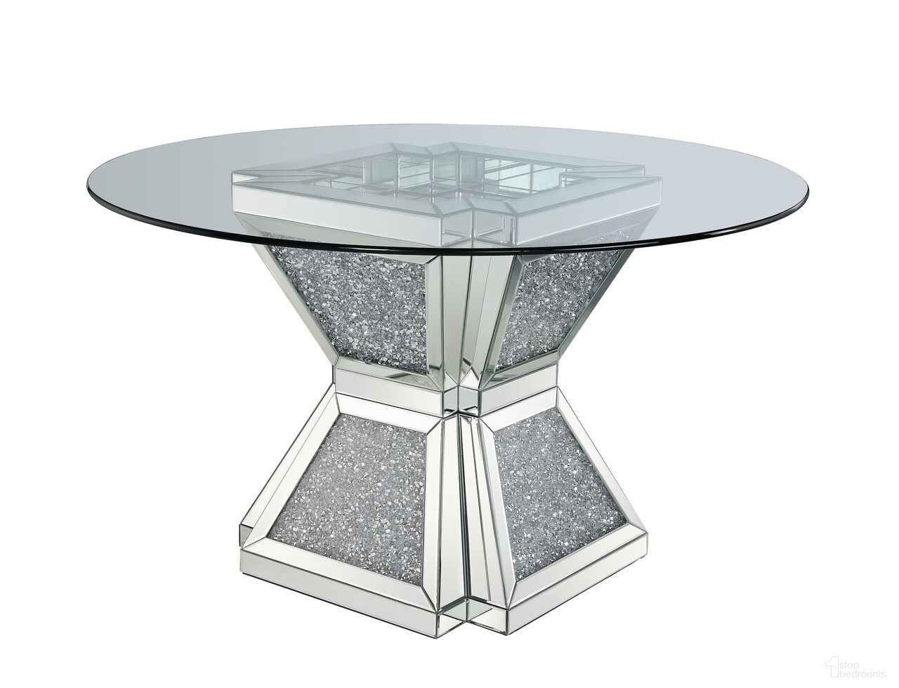 The appearance of Noralie Dining Table In Clear Glass designed by ACME in the glam interior design. This clear piece of furniture was selected by 1StopBedrooms from Noralie Collection to add a touch of cosiness and style into your home. Sku: 72960ST;72961GL. Table Base Style: Pedestal. Table Top Shape: Round. Material: Wood. Size: 52".