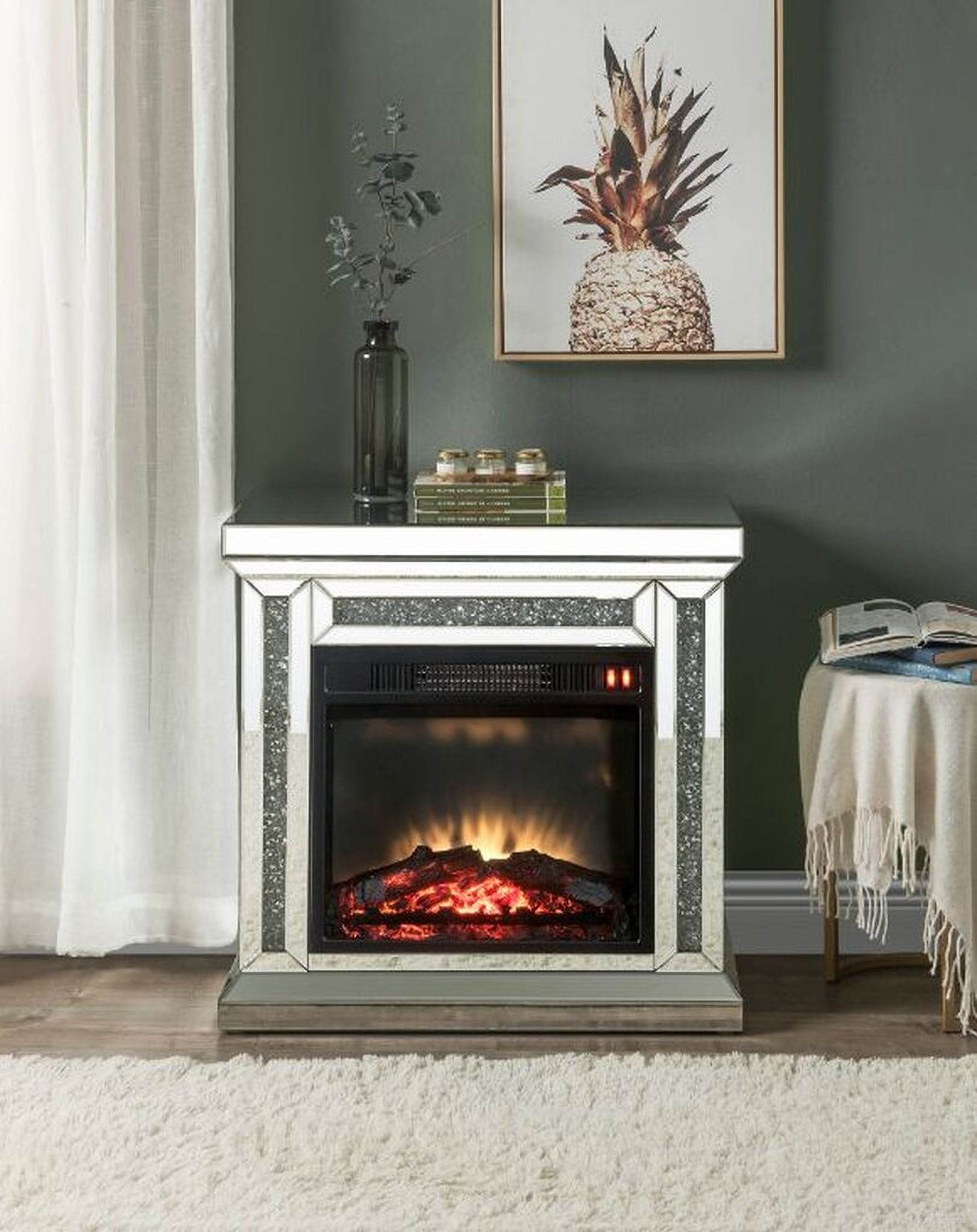 The appearance of Acme Noralie Fireplace In Mirrored And Faux Diamonds 90862 designed by ACME in the glam interior design. This mirrored piece of furniture  was selected by 1StopBedrooms from Noralie Collection to add a touch of cosiness and style into your home. Sku: 90862. Material: Wood.