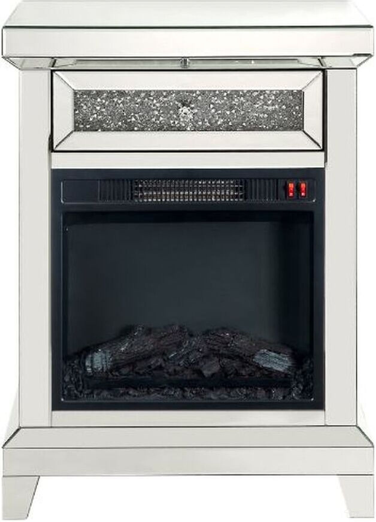 The appearance of Acme Noralie Fireplace In Mirrored And Faux Diamonds 90866 designed by ACME in the glam interior design. This mirrored piece of furniture was selected by 1StopBedrooms from Noralie Collection to add a touch of cosiness and style into your home. Sku: 90866. Material: Wood.