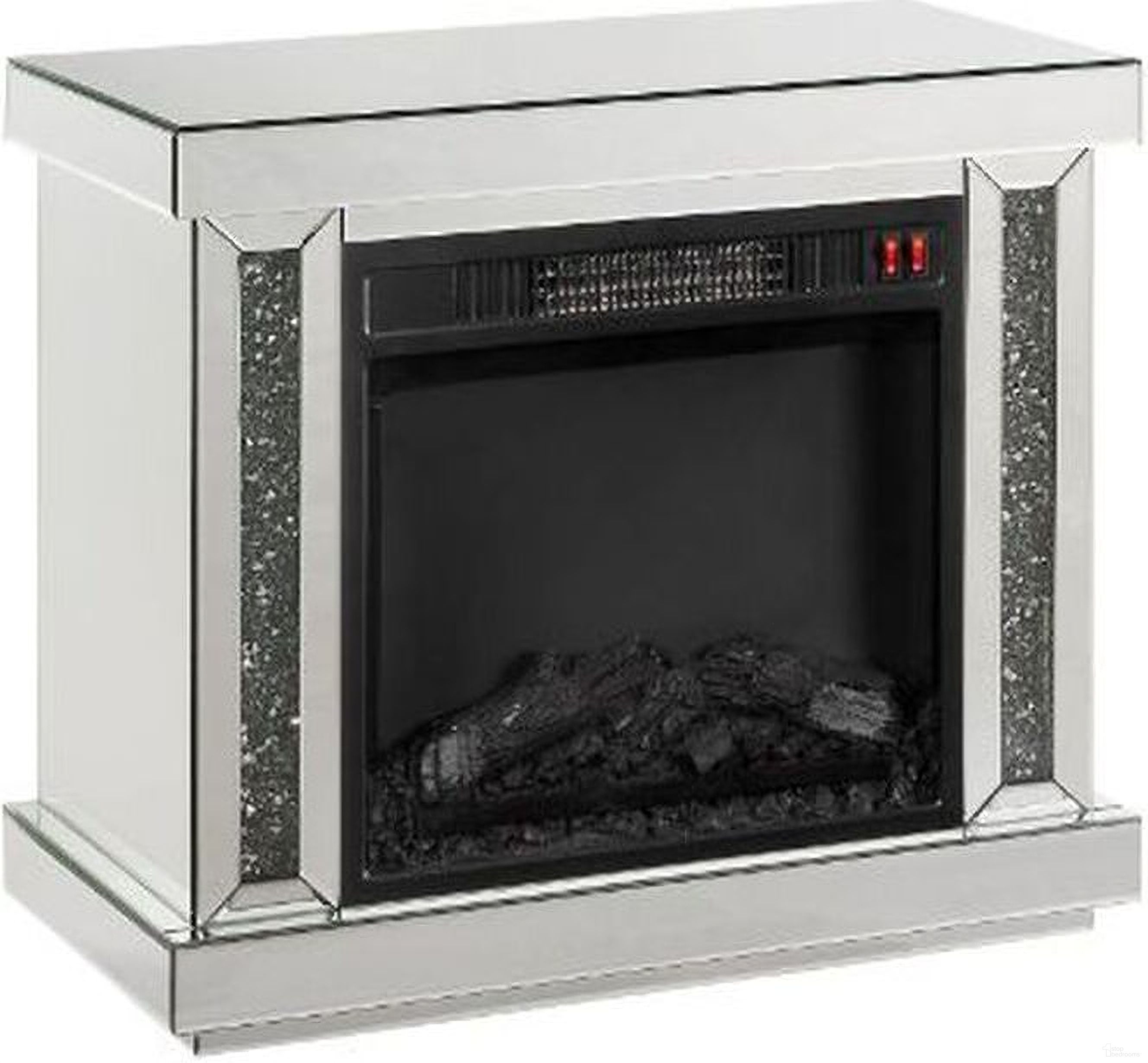 The appearance of Acme Noralie Fireplace With Led In Mirrored And Faux Diamonds 90864 designed by ACME in the glam interior design. This mirrored piece of furniture  was selected by 1StopBedrooms from Noralie Collection to add a touch of cosiness and style into your home. Sku: 90864. Material: Wood.