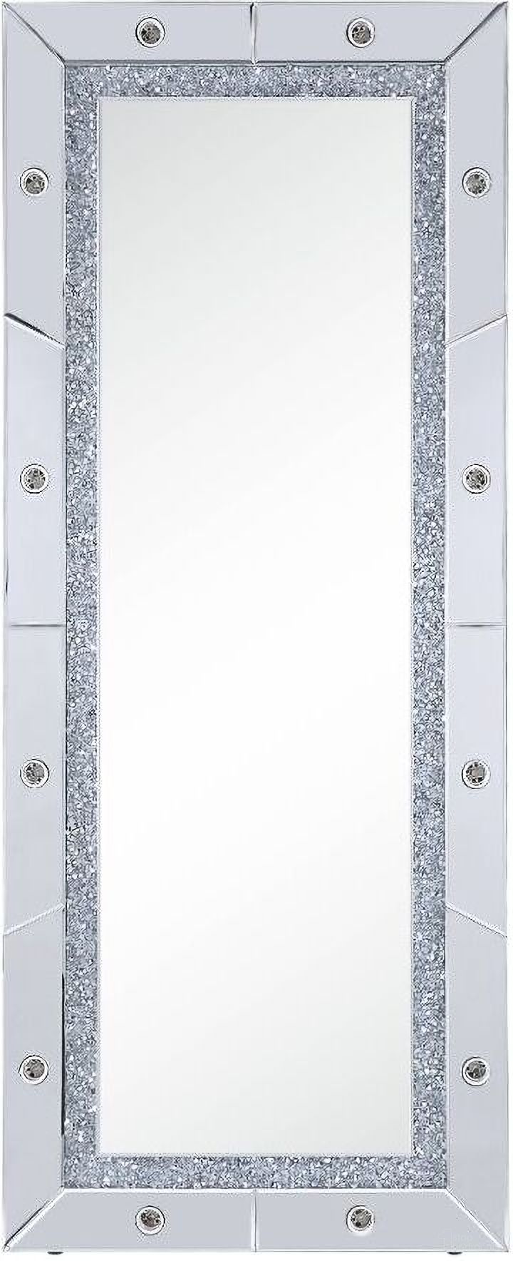 The appearance of Acme Noralie Floor Accent Mirror In Mirrored And Faux Diamonds 97754 designed by ACME in the glam interior design. This mirrored piece of furniture  was selected by 1StopBedrooms from Noralie Collection to add a touch of cosiness and style into your home. Sku: 97754. Material: Wood.