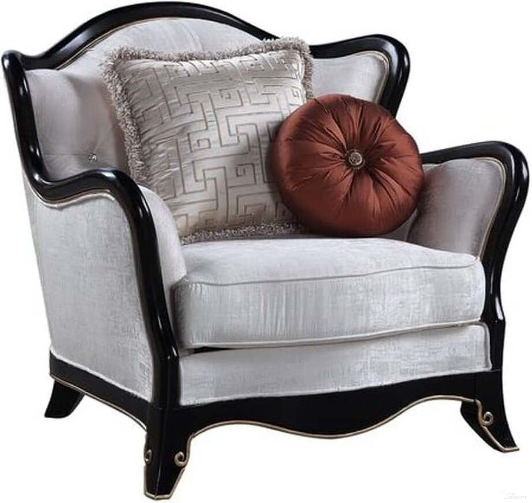 The appearance of Acme Nurmive Chair With 2 Pillows designed by ACME in the transitional interior design. This beige piece of furniture  was selected by 1StopBedrooms from Nurmive Collection to add a touch of cosiness and style into your home. Sku: LV00253. Material: Wood.