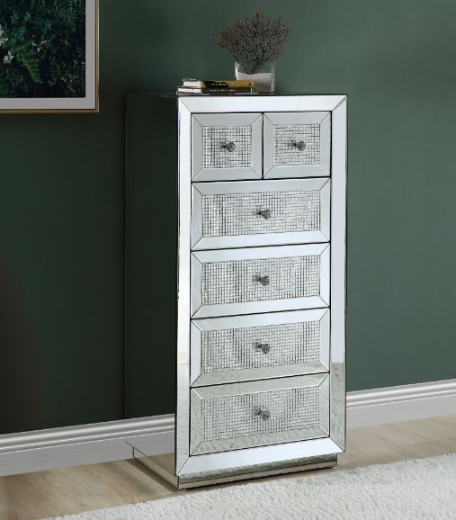 The appearance of Acme Ornat Cabinet In Mirrored And Faux Diamonds Inlay designed by ACME in the glam interior design. This mirrored piece of furniture  was selected by 1StopBedrooms from Ornat Collection to add a touch of cosiness and style into your home. Sku: 97949. Material: MDF.